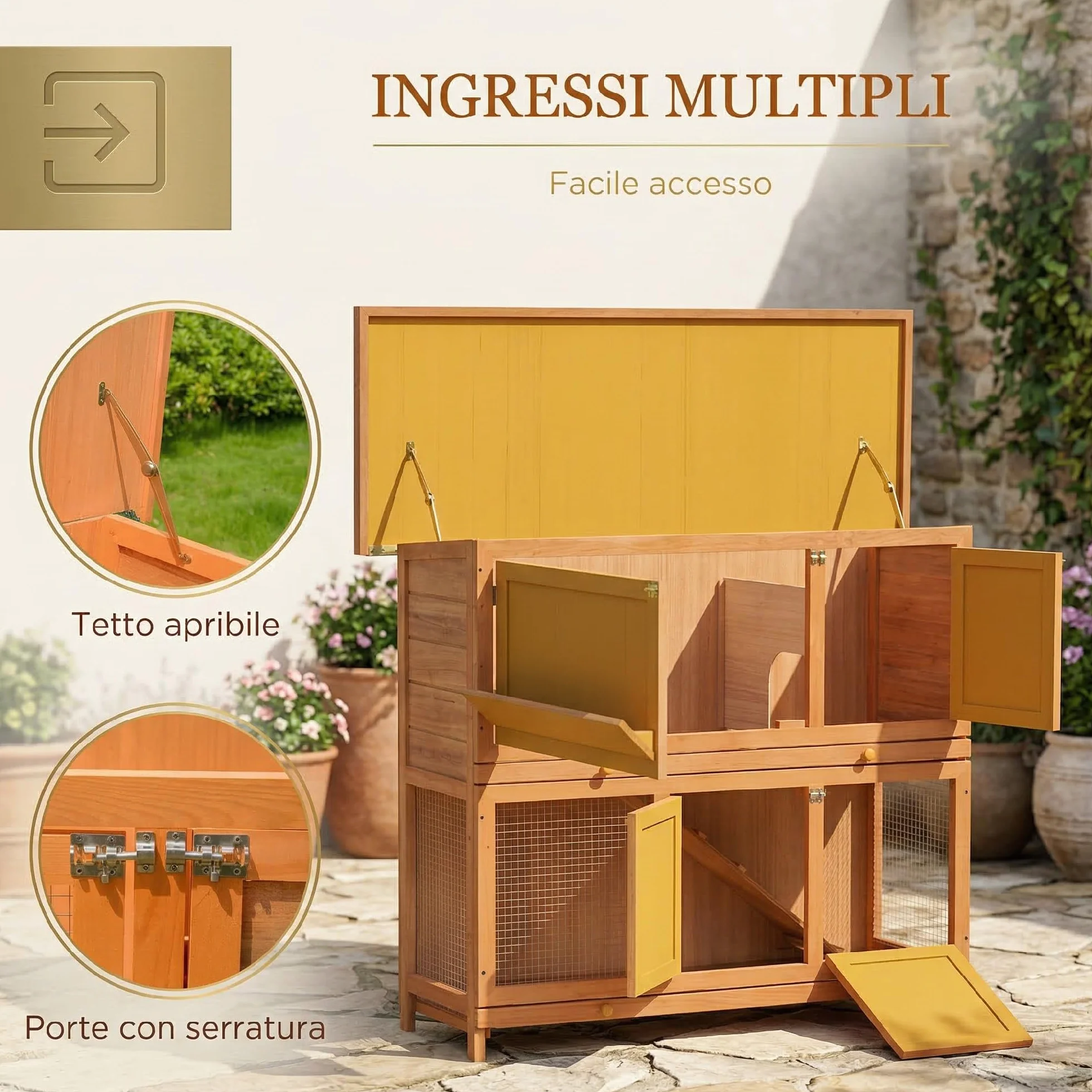 PawHut Conigliera da Esterno in Legno con Rampa a 2 Piani Casetta per Porcellini d'India e Gabbia Casetta per Conigli Animali Piccoli 122x48x100 cm