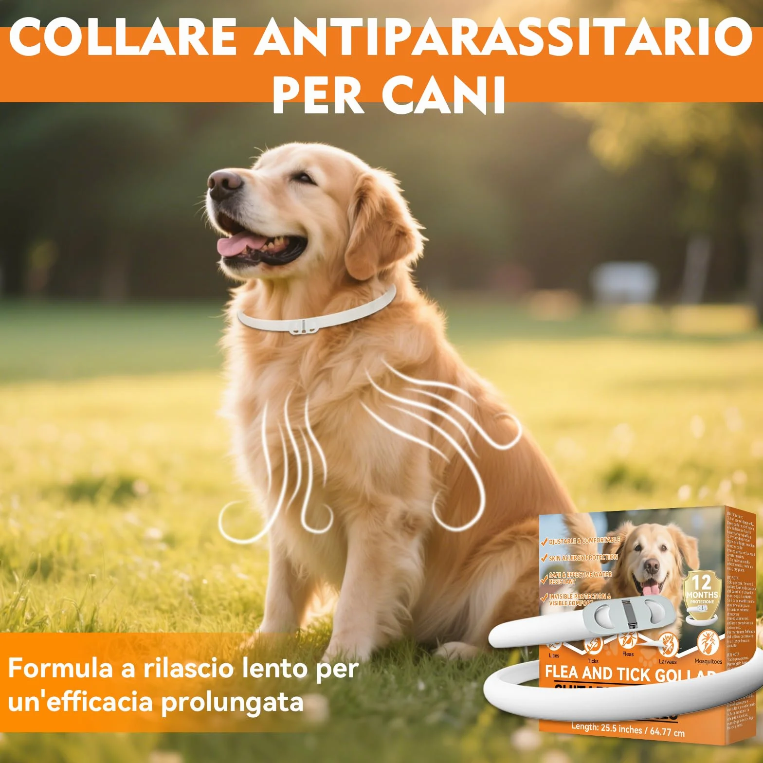 Collare Antiparassitario per Cani, Regolabile e Impermeabile con Protezione Naturale, 65cm Adatto a Tutte le Taglie, Protezione Efficace per 12 Mesi (1 Pack)