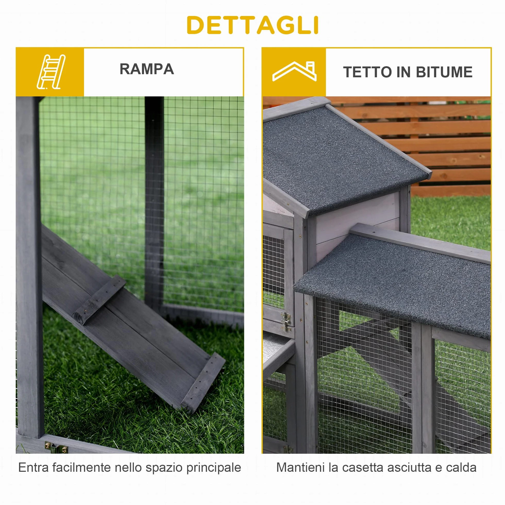 PawHut Conigliera Gabbia per Conigli in Legno da Esterno con Casetta, Spazio Aperto Recintato e Tetto 147x54x84cm