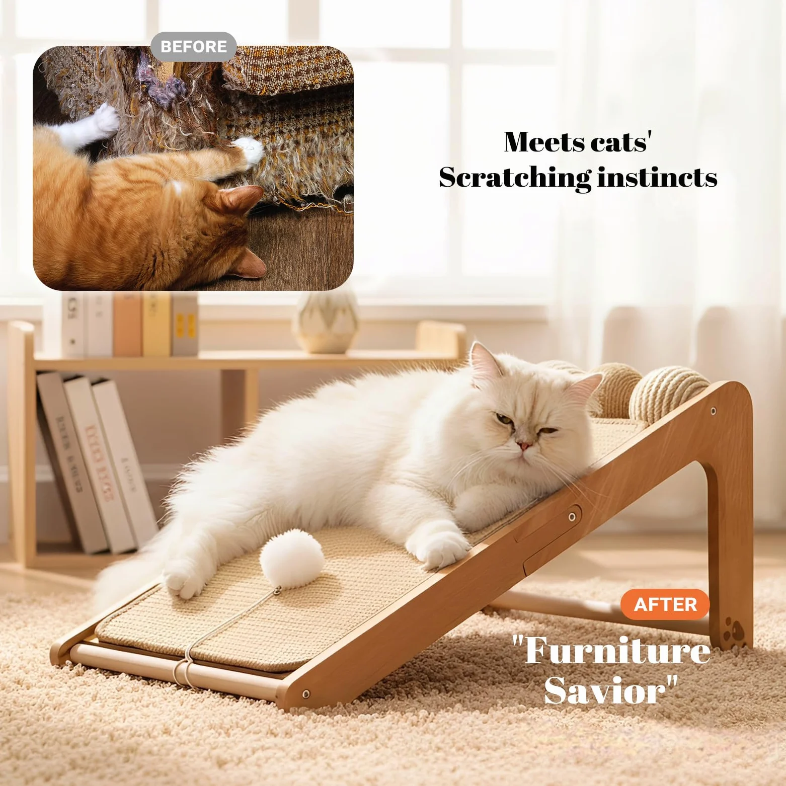Cheerpals Tiragraffi gatto grande – Mobili tiragraffi a forma di L in legno e sisal con palla da gioco, nessun taglio di cartone, stabile protezione per mobili per divano e parete, 61,5 x 37 x 31 cm