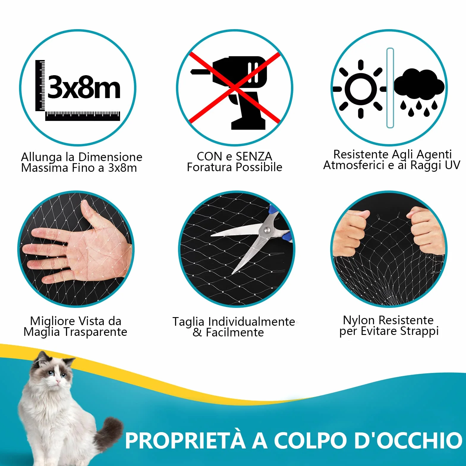 Rete Protezione per Gatti Balcone, Rete per Gatto Senza Trapano Rete Trasparente Protettiva per Terrazzo Gatti per Balconi, Finestre (8x3m)