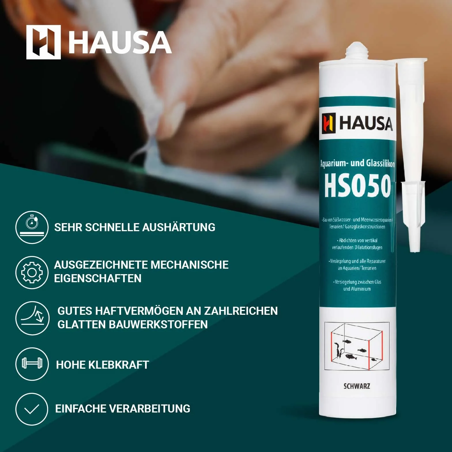 HAUSA Silicone per Acquario Glassilikon HS050 Nero 310ml Silicone Adesivo & Sigillante per Acquari, Terrari, Strutture in Vetro, Indurimento Rapido, Resistente ad Acqua Dolce e Salata, Sicuro per