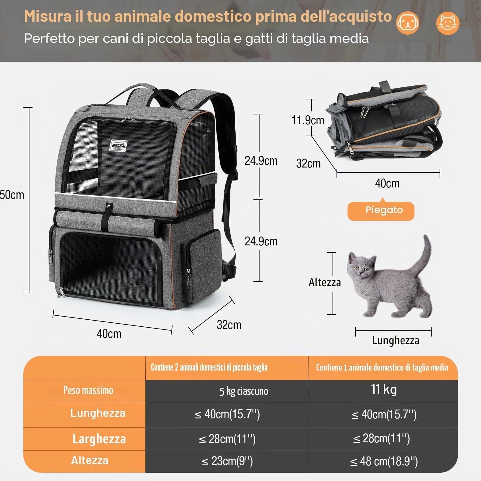 Zaino per gatti a doppio strato pieghevole per 2 gatti fino a 11 kg grigio