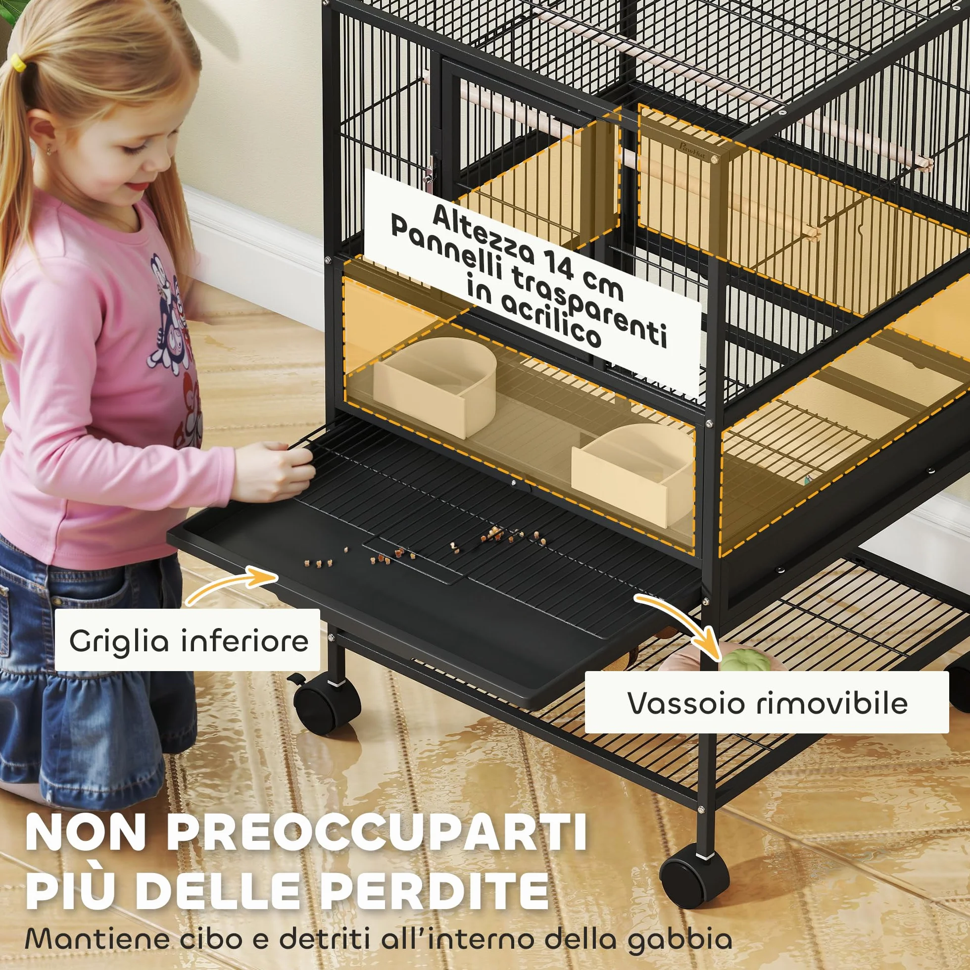 PawHut Gabbia per Uccelli a Rotelle con Ripiano Inferiore, Vassoio e Griglia Rimovibili, Gabbietta per Uccelli in Acciaio e PP, 48x46x83 cm, Nero