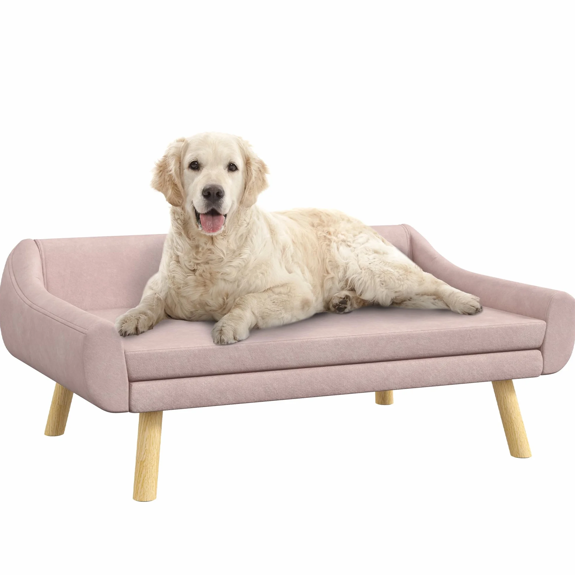 PawHut Divano per Cani Divano per Gatti con Schienale, Divano per Cani con Gambe in Legno, Divano per Animali Domestici con Cuscino, Letto per Cani di Taglia Media e Grande, Velluto, Rosa, 102 x 58,5