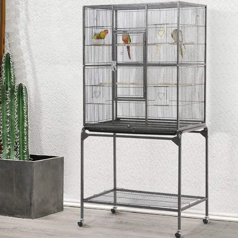 Yaheetech Gabbia Voliera Grande per Uccelli Pappagalli Roditori in Metallo e Legno con Piedistallo Ruote Posatoi e Ciotole Nera 81 x 47 x 160 cm