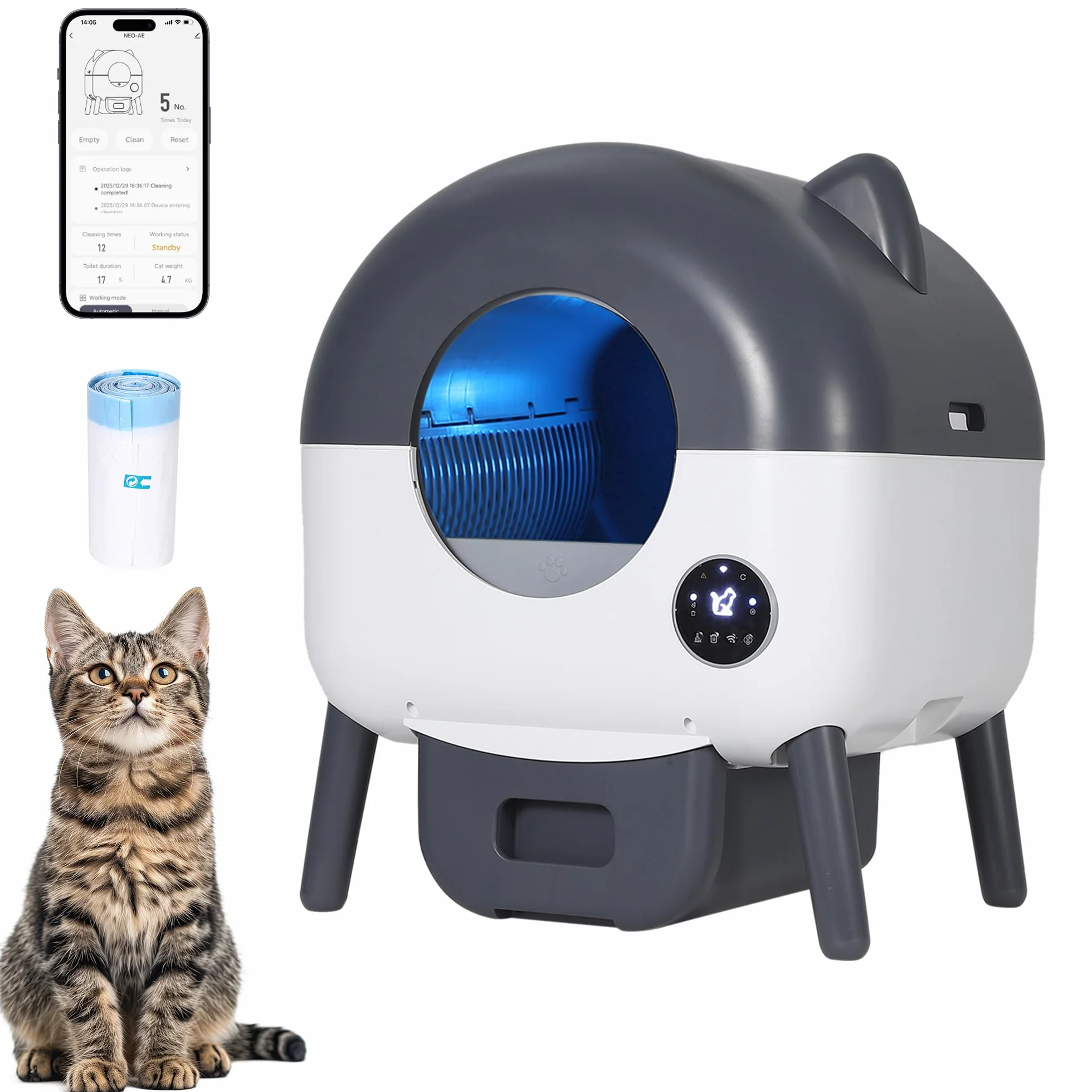 Garvee Litiere Gatto Autopulente 66L, Vassoio per Litter Automatico Migliorato con Applicazione, Sensori di Sicurezza Anti-Pizzico, 6 Luci Ambienti Regolabili, WC Intelligente per Gatti