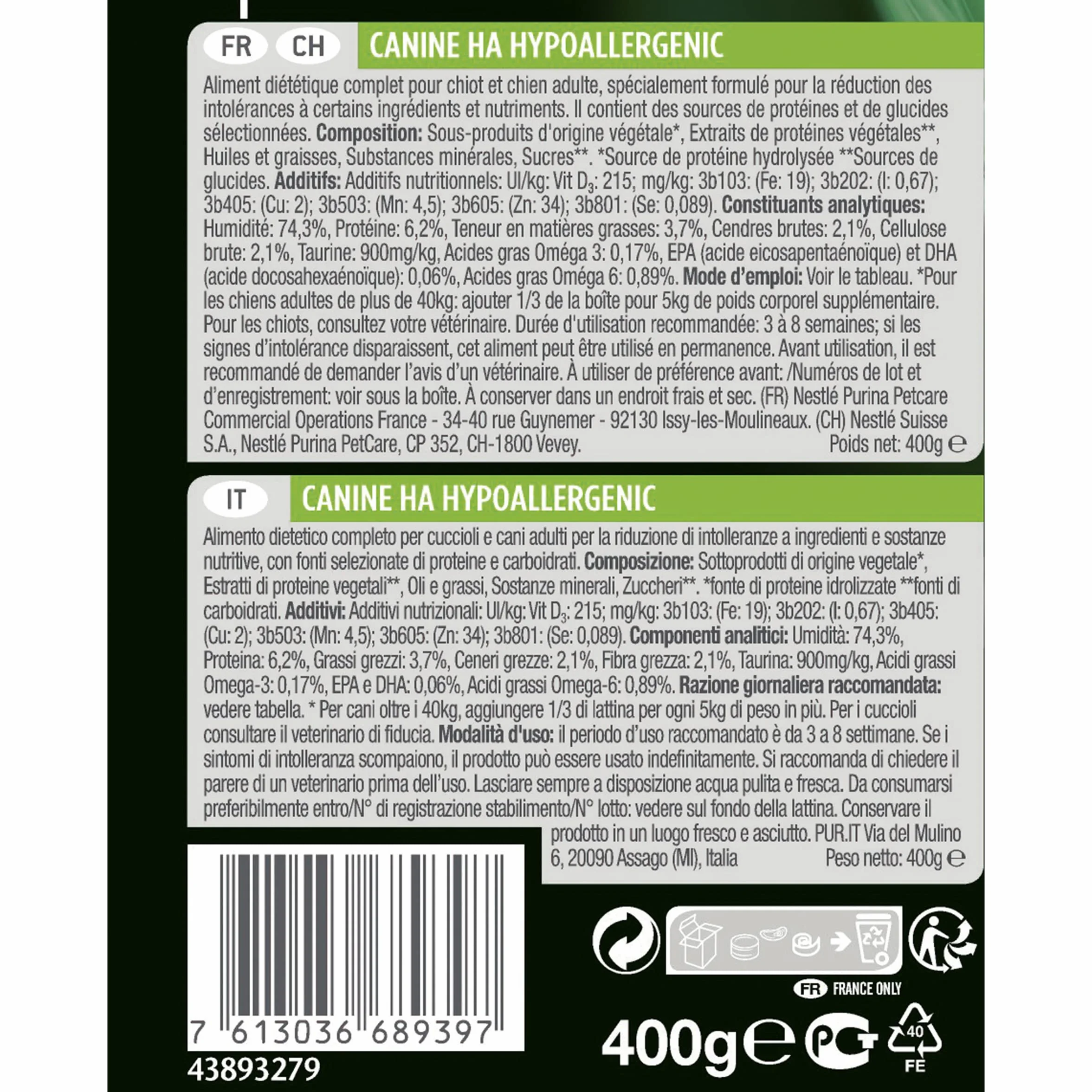 Purina Veterinary Hypoallergenic Mousse | 12 x 400 g | Alimento dietetico completo per cani adulti | Con proteine idrolizzate | Per sostenere la barriera cutanea