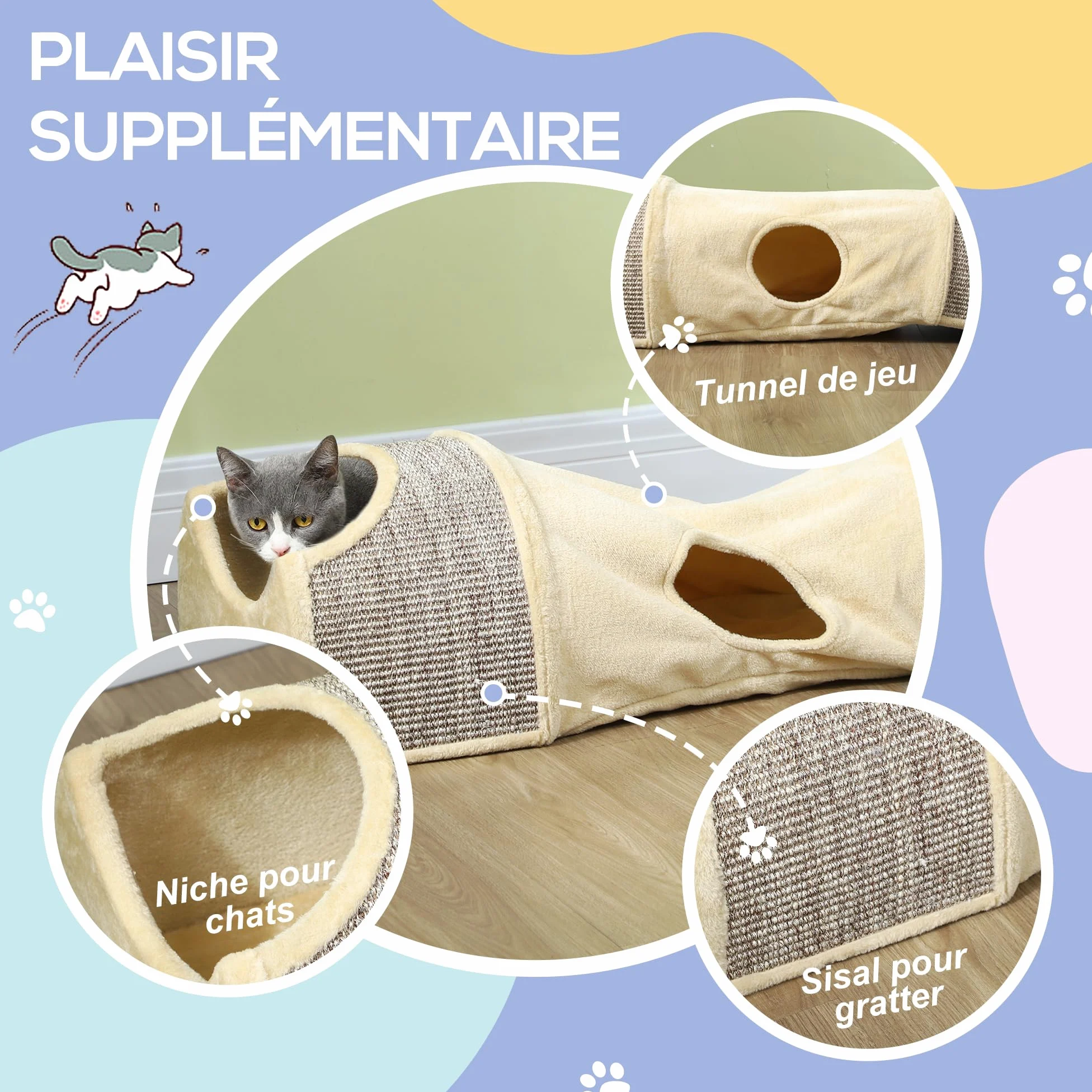 PawHut Tunnel per gatti in peluche 107x38x29 cm Beige+Grigio | Con 2 case, 3 aperture, Tunnel da gioco pieghevole (sisal), Design combinato