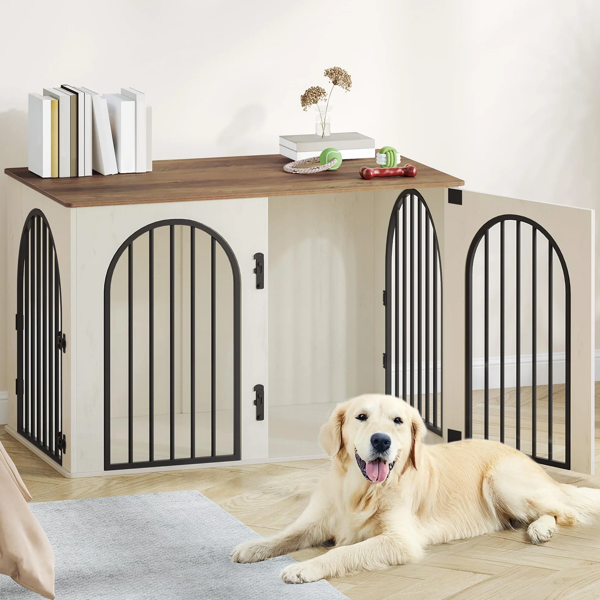 Hzuaneri 108 cm Gabbia per Cani, Tavolo Supplemento, Cuccia Moderna per Cani Interno, Kennel Cane Medio, Casetta per Animali, 3 porte, Porta ad arco, 64 x 108 x 76 cm, Bianco e Marrone DFC86014B
