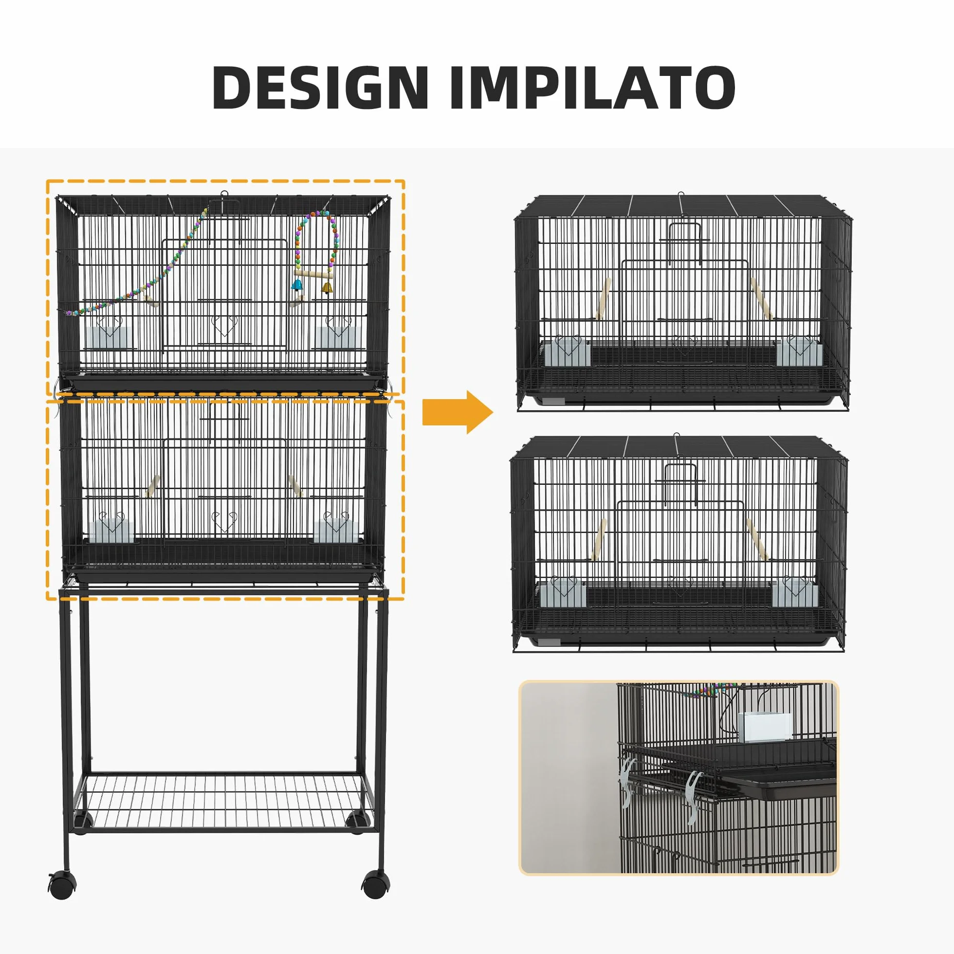 PawHut Gabbia per Uccelli in Acciaio e PP, Design Impilato con Posatoi, Altalene e Scalette, 77x46x164 cm, Nero