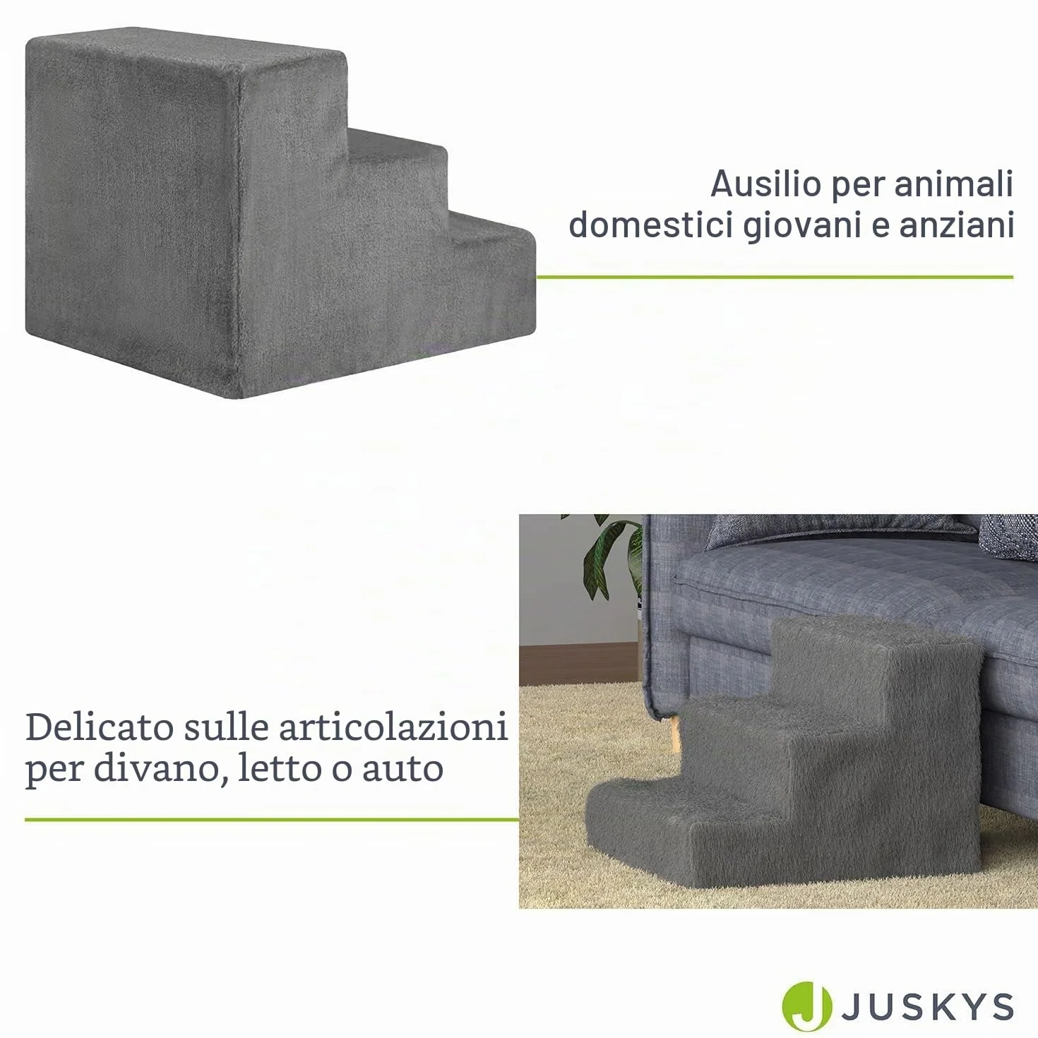 Scaletta per animali Juskys, 36 cm, a 3 gradini con peluche lavabile, per cani e gatti, ideale per letto, divano, sofà e auto - Rivestimento grigio