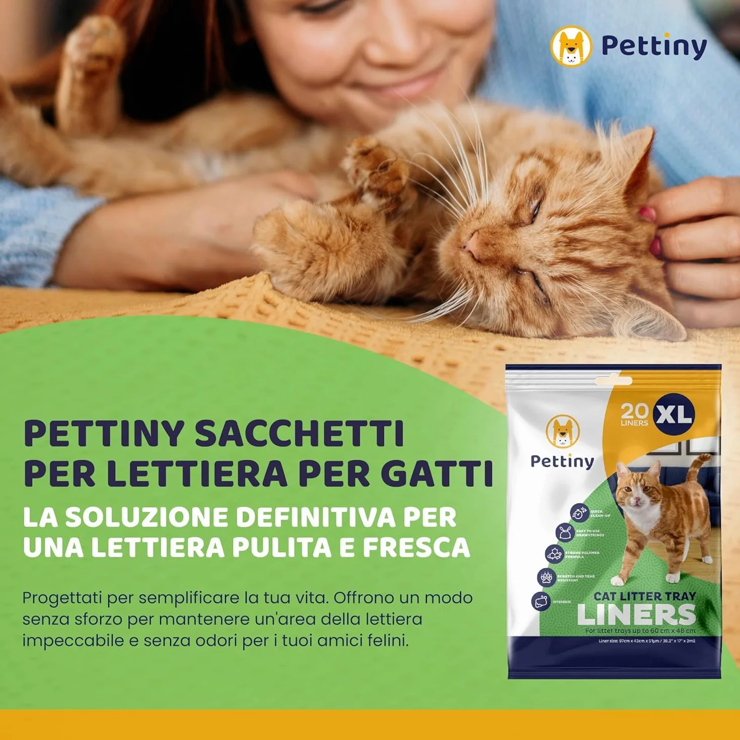 Pettiny 20 Sacchetti XL per Lettiera per Gatti con Coulisse Sacchi Resistenti ai Graffi per Cassetta Igienica Grande