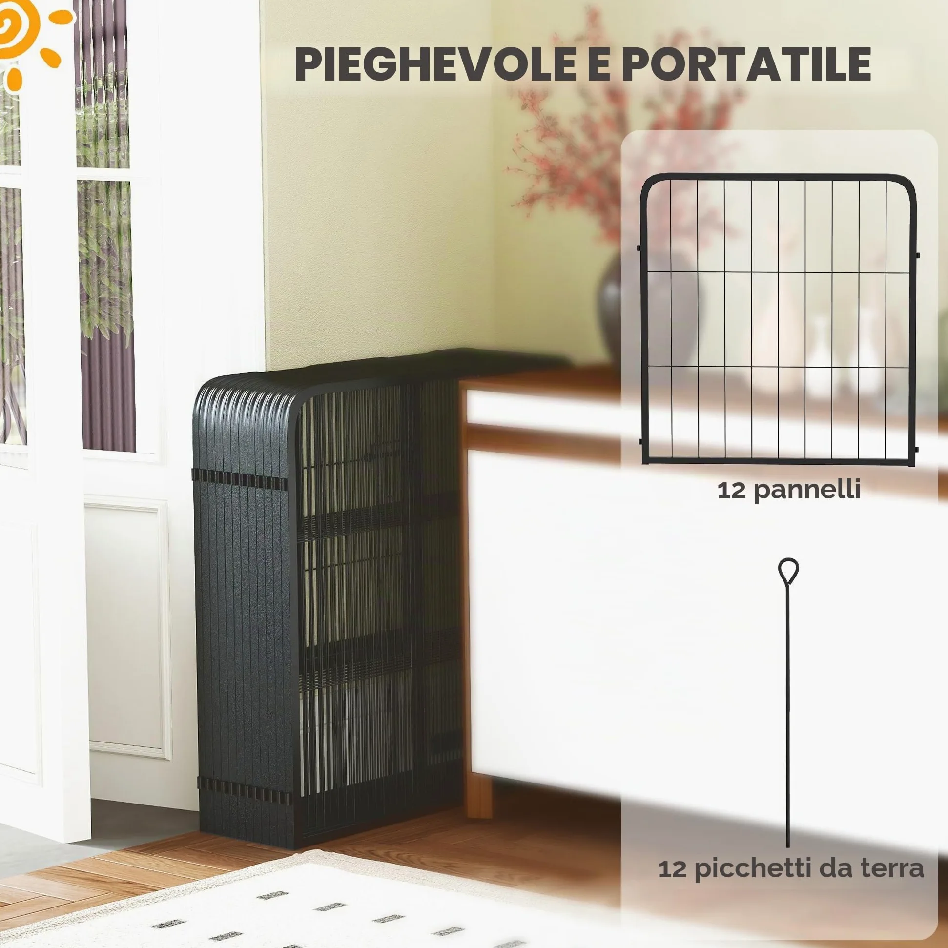 PawHut Recinto per cani 12 pannelli Recinto per cuccioli, 60 cm alto Nero | Recinto per cani in acciaio per razze piccole