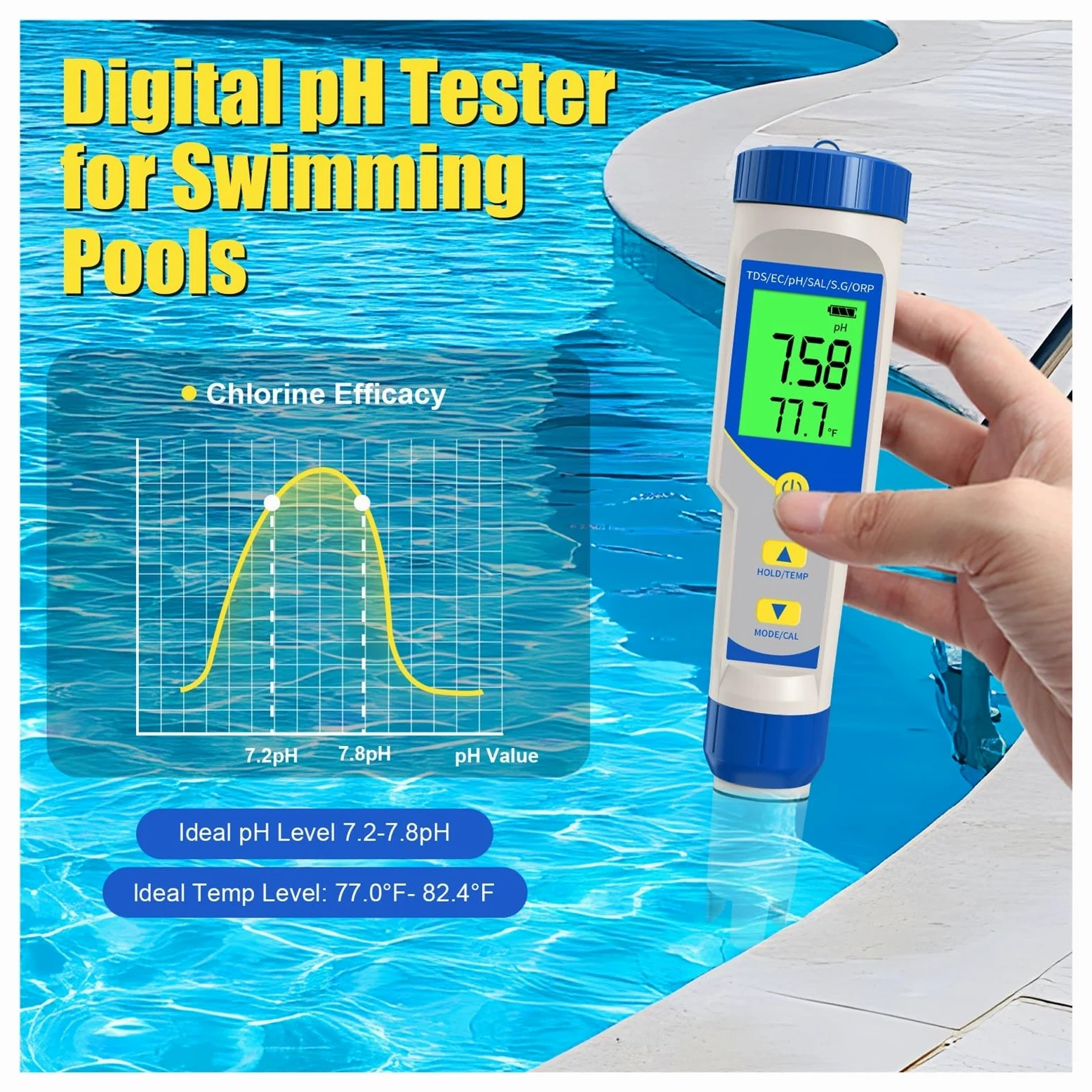 Tester TDS, Misuratore di PH 7 in 1 con risoluzione 0,01, Alta precisione, TDS, EC, ORP, PPM, salimetro for Piscina