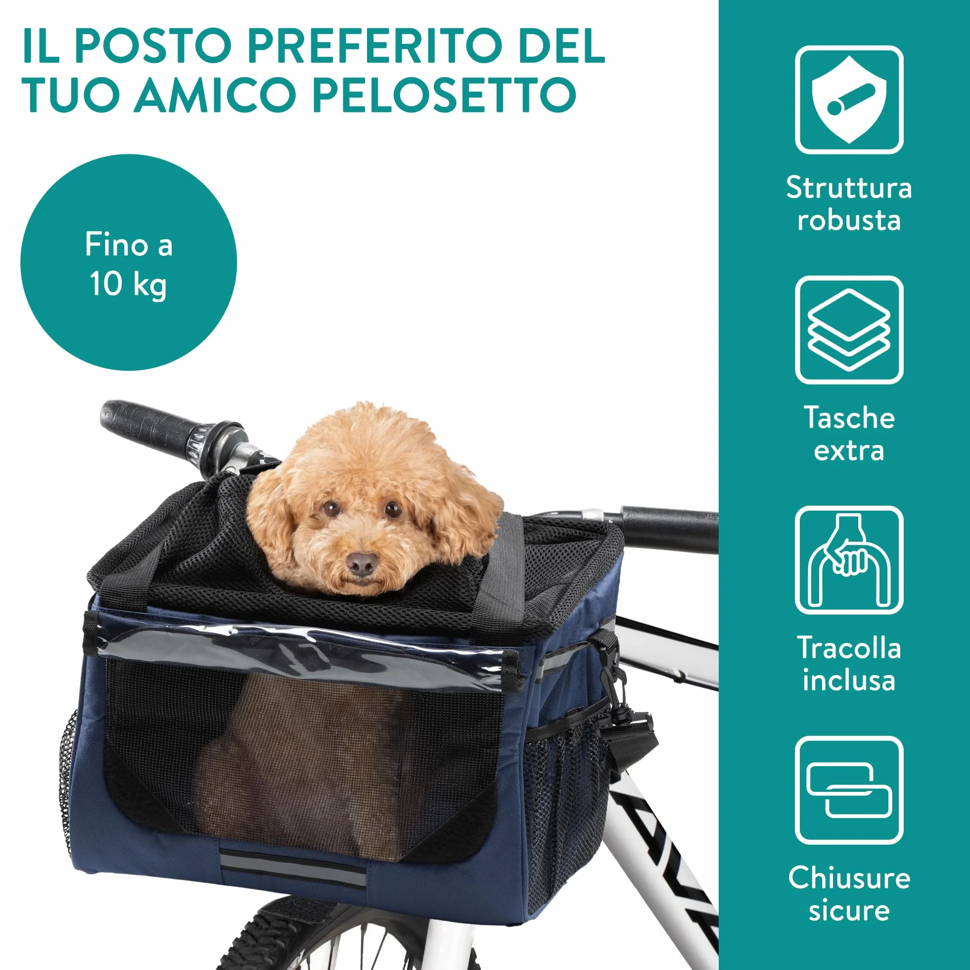Navaris Trasportino per Cani - Cestino Bicicletta Anteriore - Cestino Bici per Cani 10 kg Sicuro e Stabile - Trasportino Cane con Cinghie di Fissaggio e Trasporto - Blu
