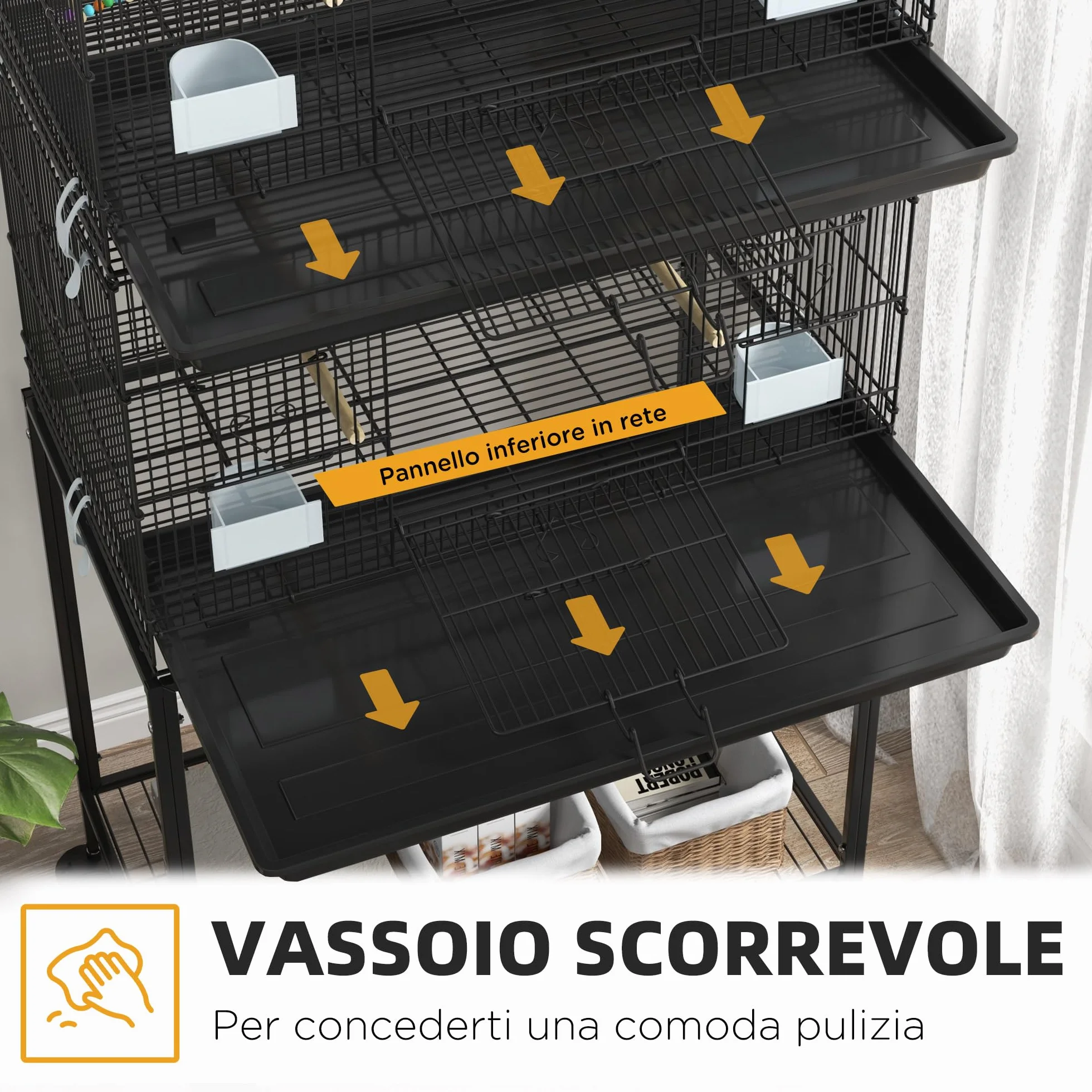 PawHut Gabbia per Uccelli in Acciaio e PP, Design Impilato con Posatoi, Altalene e Scalette, 77x46x164 cm, Nero