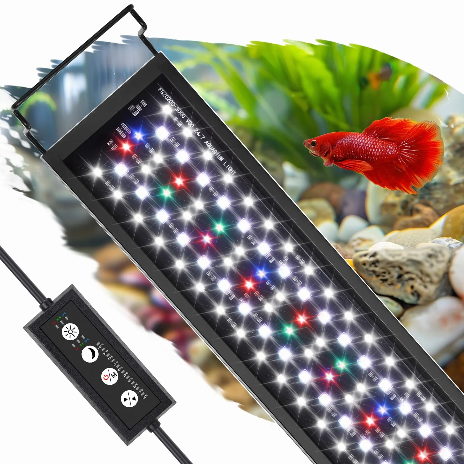 hygger luce acquario, lampada acquario led, illuminazione acquario con controller, 3 modalità con timer, 9 colori, luminosità 10, supporti estensibili, 16W, 30-45CM (40W (90-106cm))