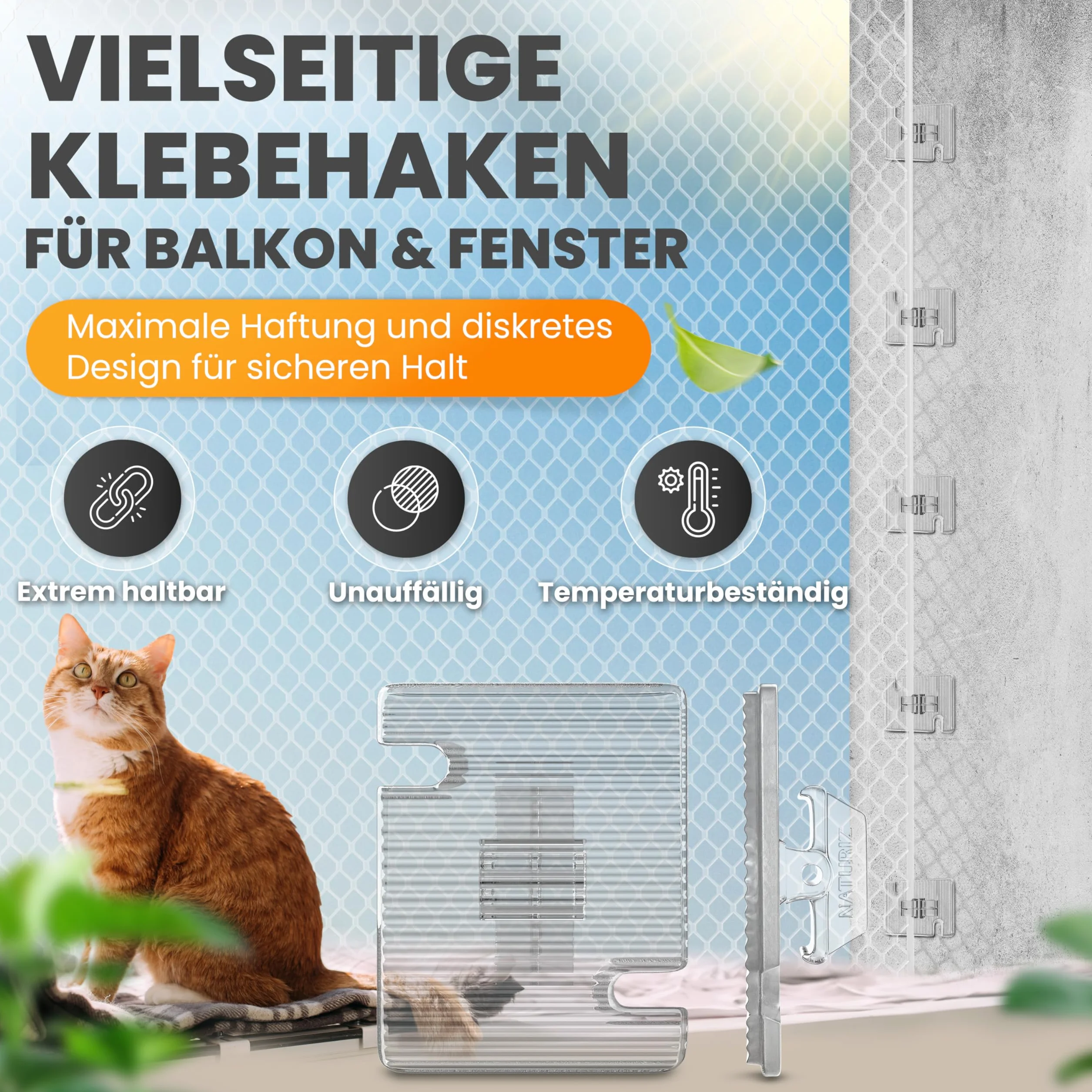 Naturiz® Ganci Adesivi da Esterno Resistenti alle intemperie - Set da 25/50/70 - per Fissare reti per Gatti Senza forare - con Colla siliconica (70 Ganci)