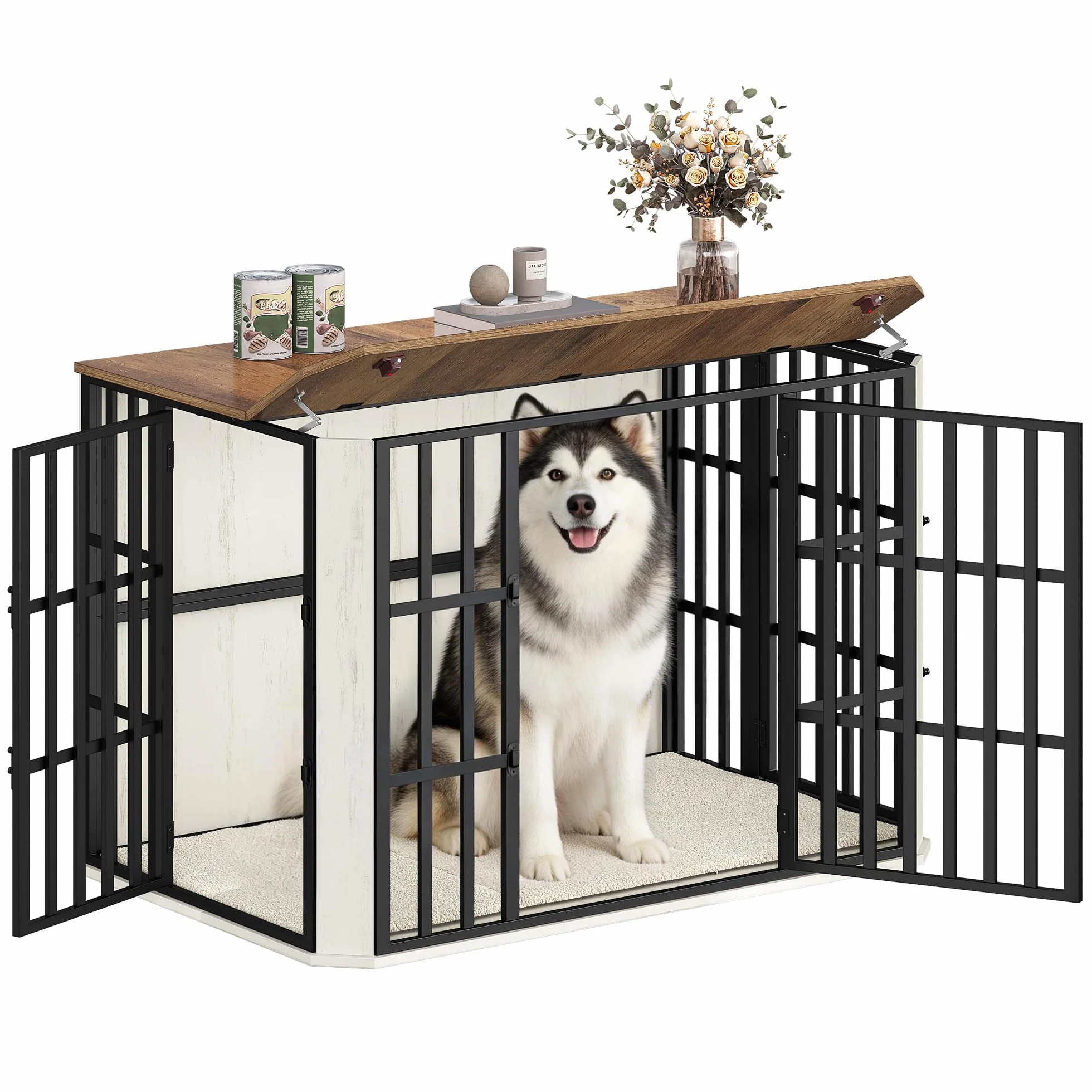 Hzuaneri 120 cm Gabbia per Cani, Cuccia Moderna per Cani Interno, Casetta per Animali, 3 porte, 75 x 120 x 81 cm, XXL, Bianco e Marrone DFC86814B
