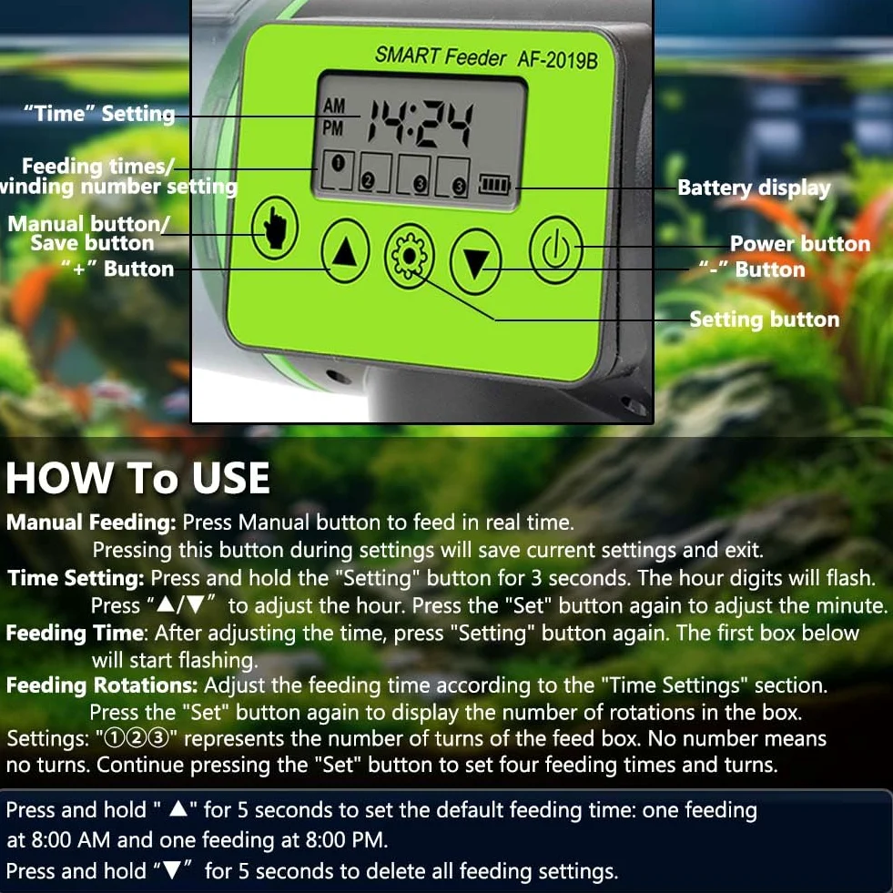 Alimentatore automatico per pesci per vacanze in acquario, 200 ml, grande capacità, distributore automatico di cibo per pesci con display timer per tartarughe piccole Betta Koi, grandi acquari e
