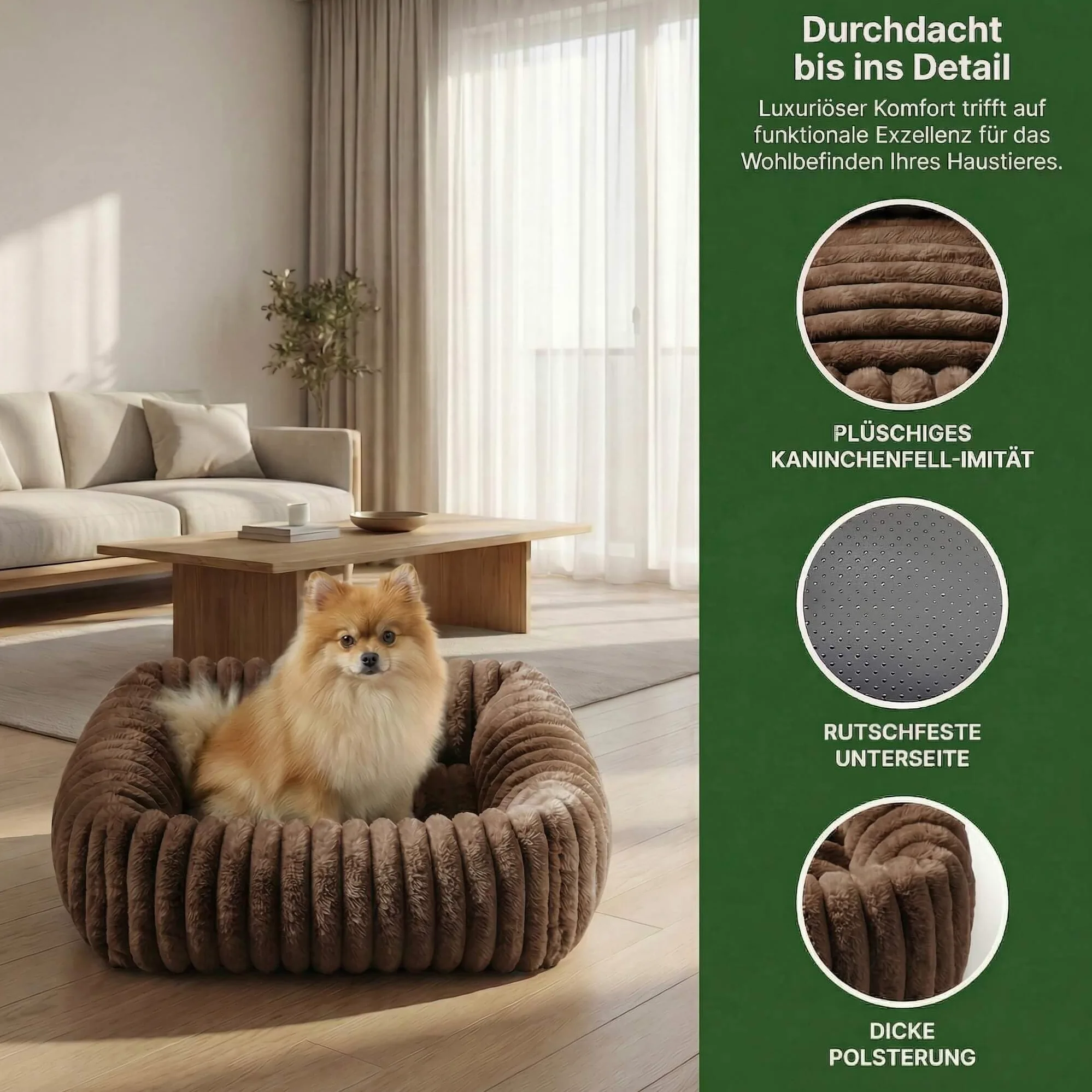 Cuccia Cane Interno S, Pelliccia Coniglio, Antiscivolo, Marrone | Per cani piccoli, 50 x 48 x 15 cm, morbida, confortevole, texture ondulata, letto rettangolare, sfoderabile e lavabile