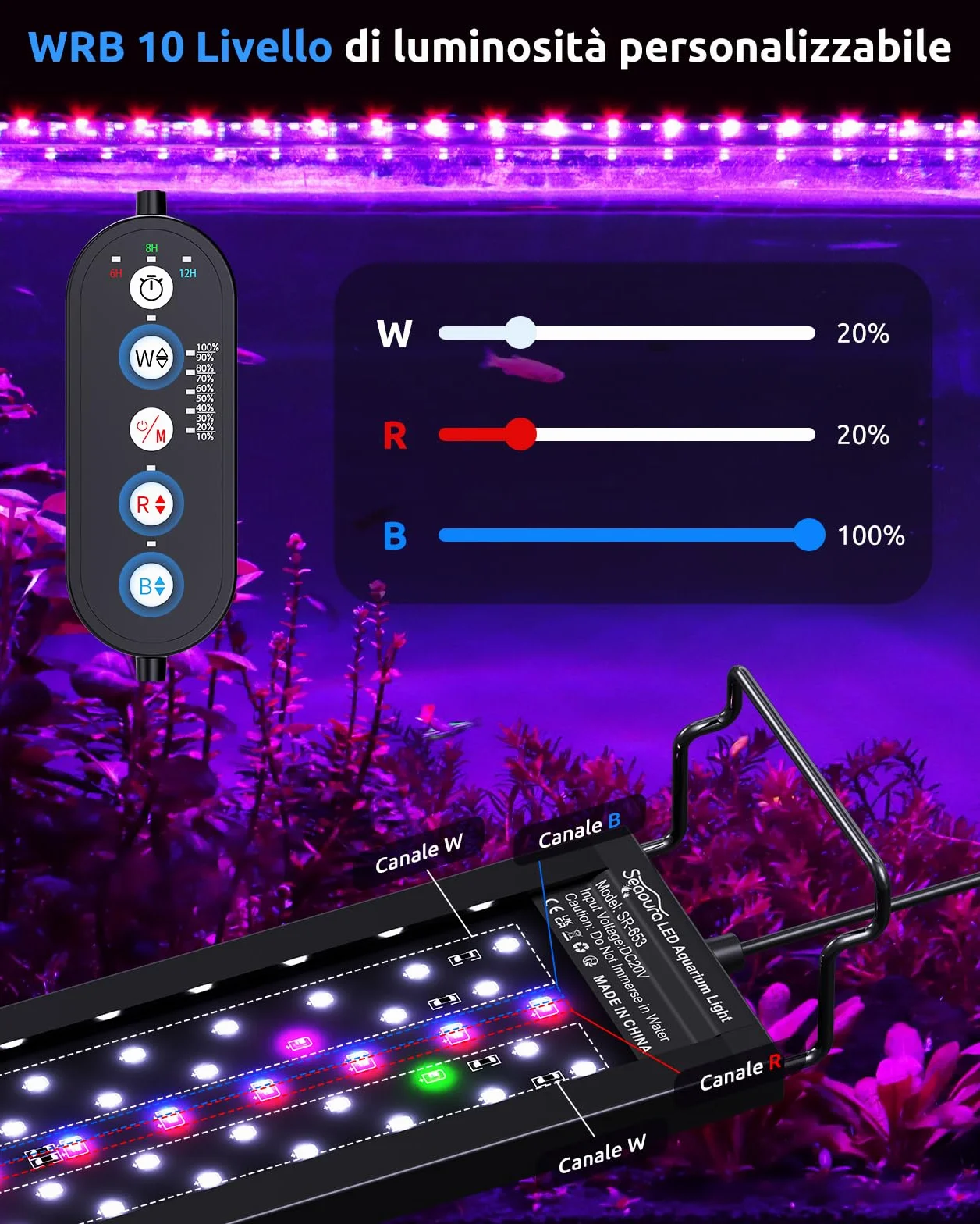 SEAOURA Luce LED Acquario per Vasca 30-45cm, Spettro Completo per Piante Acquatiche, Timer 6H/8H/12H, 3 Canali WRB Personalizzabili, 10 Livelli & 11 Colori, Supporto Regolabile