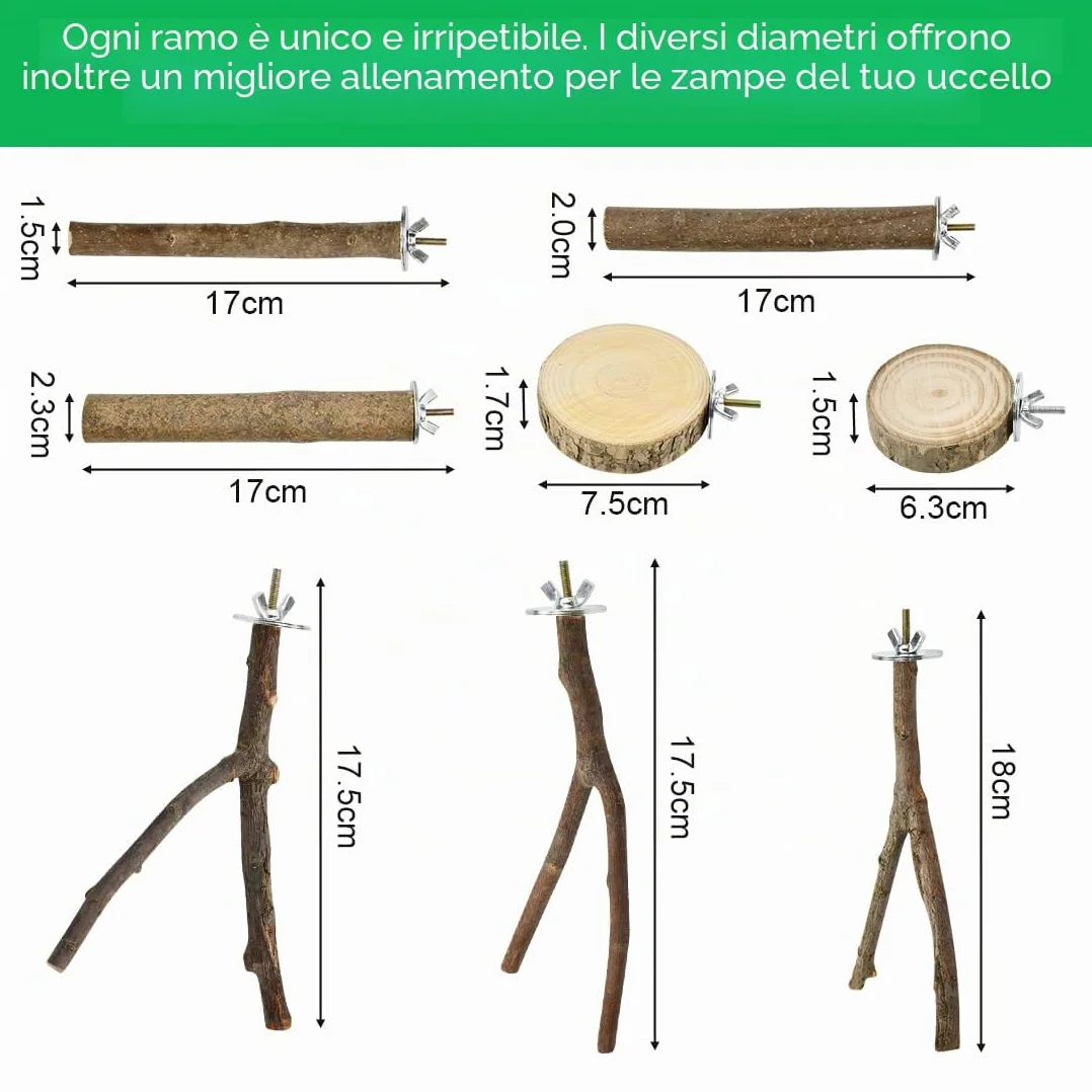 8 Pezzi Posatoi in Legno di Uccelli Trespoli in Legno Naturale per Pappagallo Posatoio per Pappagalli Trespolo Supporti per Uccelli per Fringuelli Pappagalli Calopsitte Parrocchetti