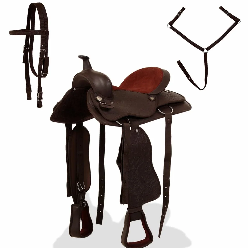 Sella Western Testiera e Pettorale in Vera Pelle 17" Marrone,Articoli sportivi,Ricreazione all'aperto,Equitazione,Finimenti per cavalli,Selle-91349