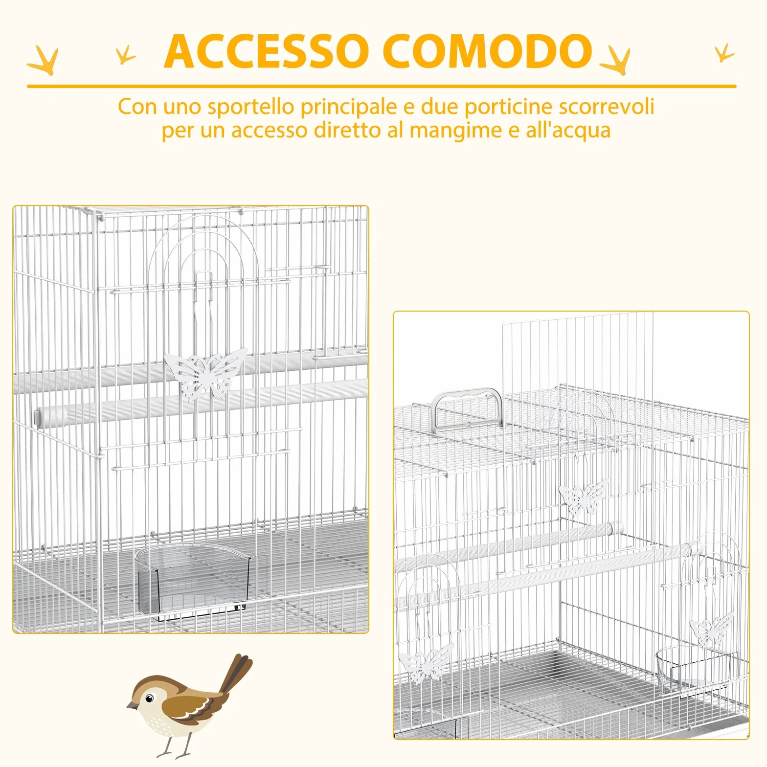 PawHut Gabbia per Uccelli in Metallo con Posatoi e Ciotole per Cibo, Voliera per Canarini e Pappagallini 60x41x41cm, Bianco