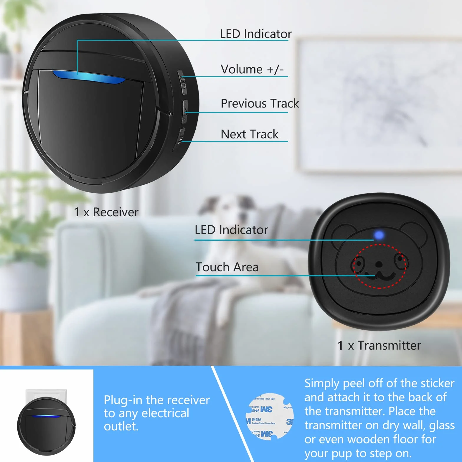 Campanello Wireless per Cani, Campanello ad Anello per Uscire, Pulsanti Impermeabili IP55, 55 Melodie, 4 Livelli di Volume e Portata di 289,6 m (Nero, 1 Ricevitore 1 trasmettitore)
