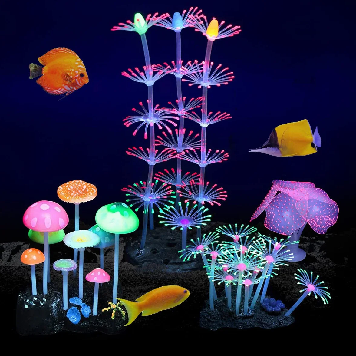 Set di 4 decorazioni luminose per acquario in silicone a forma di corallo, fungo, anemone