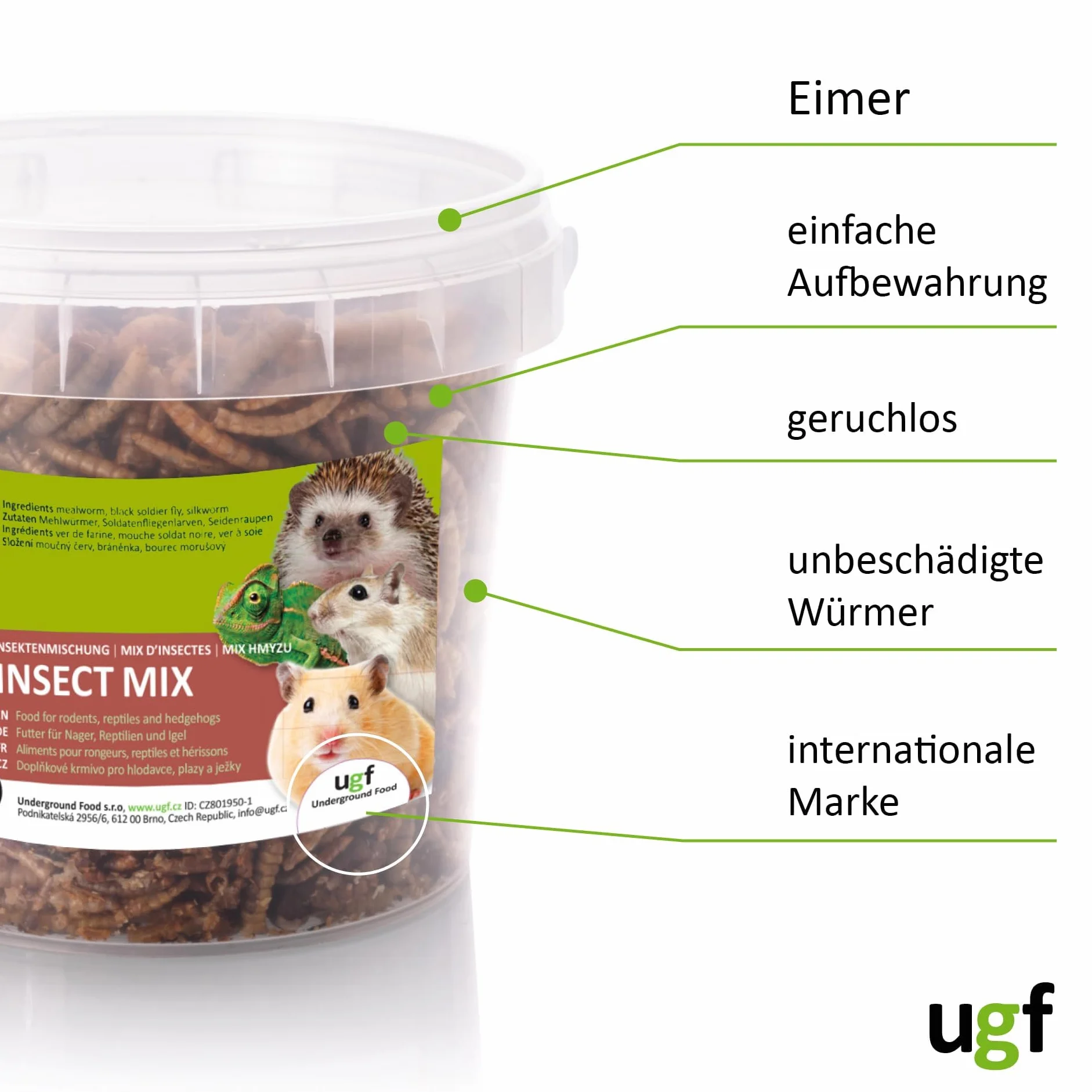 UGF Mix di insetti 80 g 500 ml cibo per ricci, gerbilli, criceti, ratti, lucertole - vermi della farina, larve di mosca soldato nera, bachi da seta