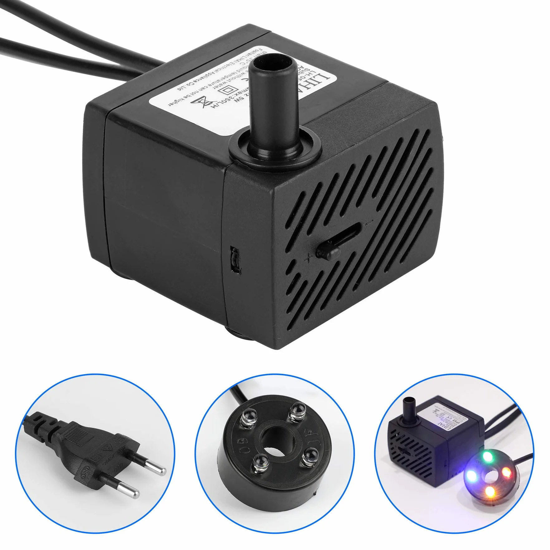 Forever Speed pompa per acquario 5W, Mini Fontana con 4 luci LED Color, acqua Sommergibile 0,85m, 350l/h
