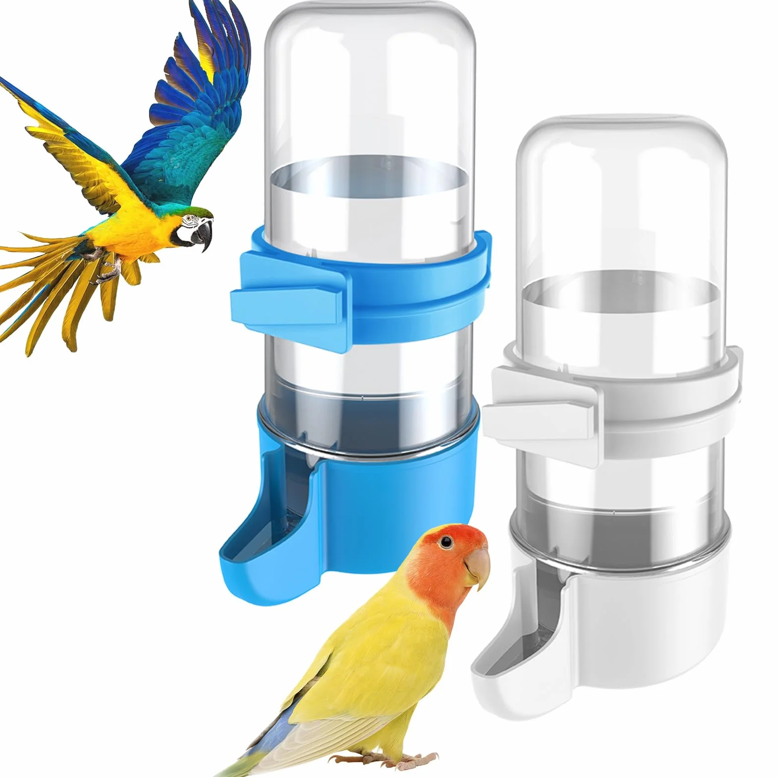 Pawfly 2 Pezzi Dispensatore d'Acqua per Uccelli, Alimentatore Automatico d'Acqua per Uccelli, Accessori per Gabbia per Pappagallo & Criceto, Bevitore d'Acqua per Bianco e Blu per Parrocchetto & Più