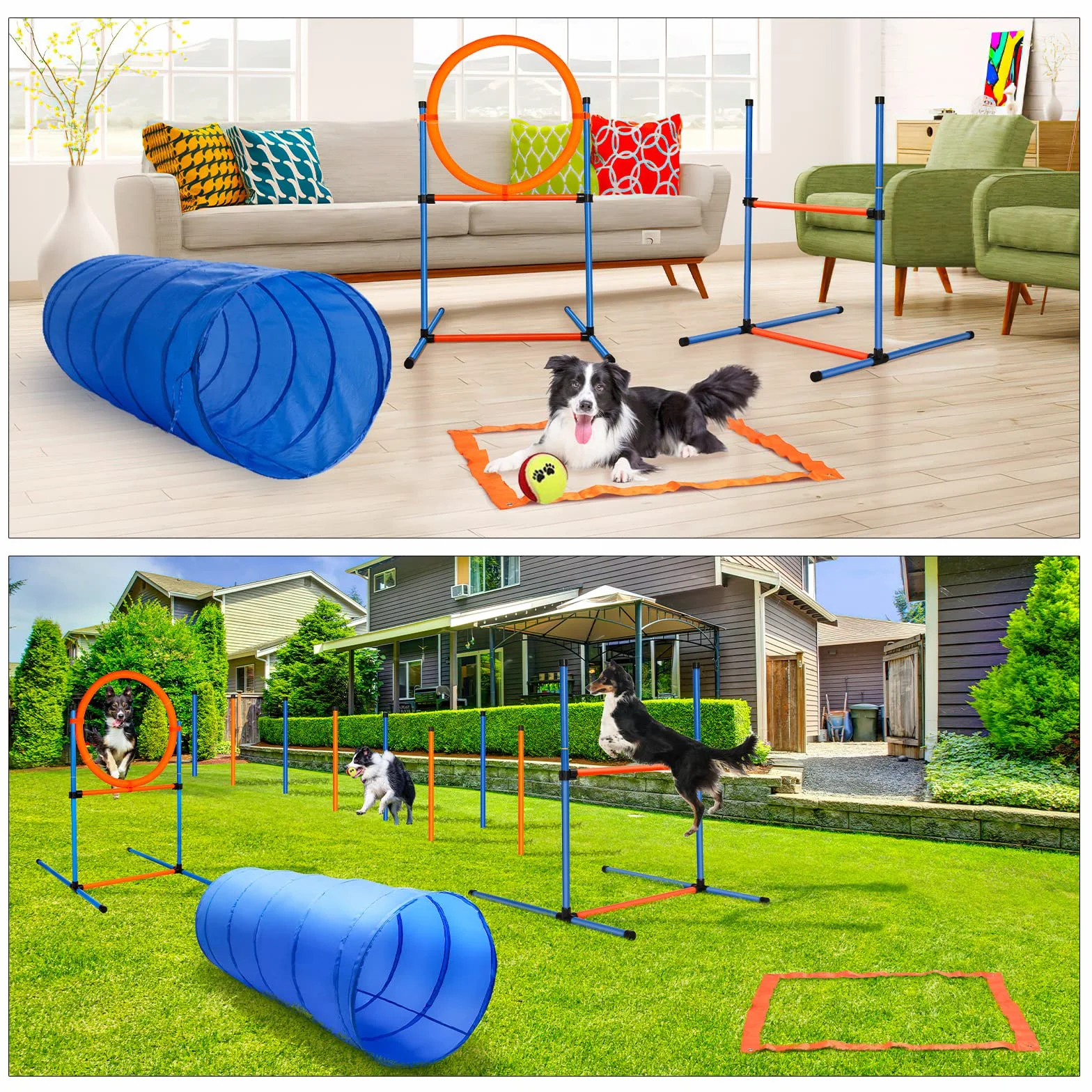 Agility Dog Attrezzatura, 60- Pezzi Addestramento Cani Agility Attrezzatura con Tunnel per Cani, Ostacoli Agility Dog, Slalom per Animali Domestici, Anello di Salto e Borsa da Trasporto