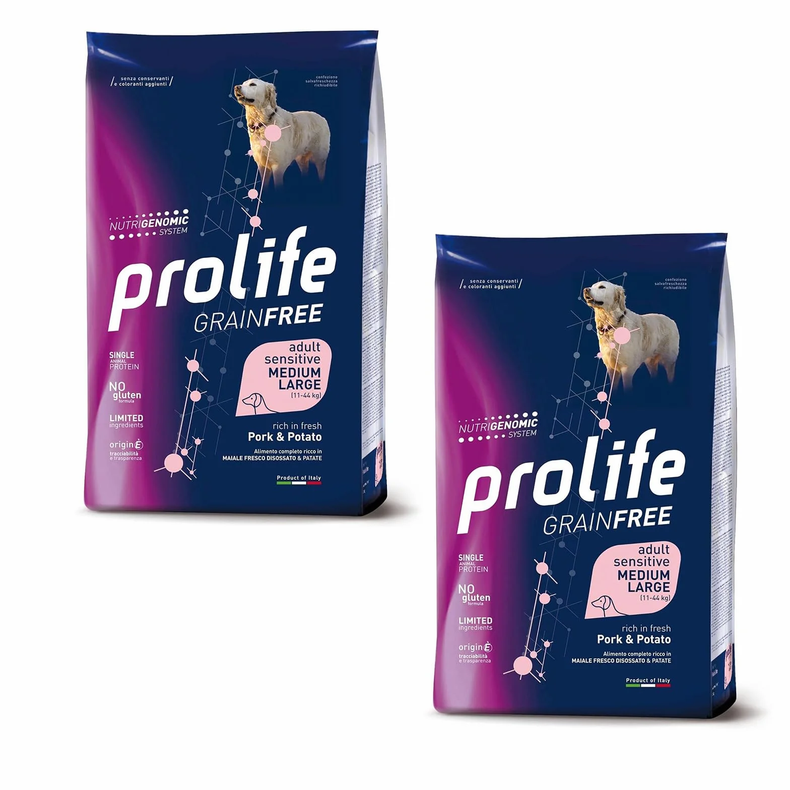 Generico 2 Sacchi confezione risparmio - prolife - Grain Free Adult Sensitive Medium/Large al Maiale e Patate da 10 kg