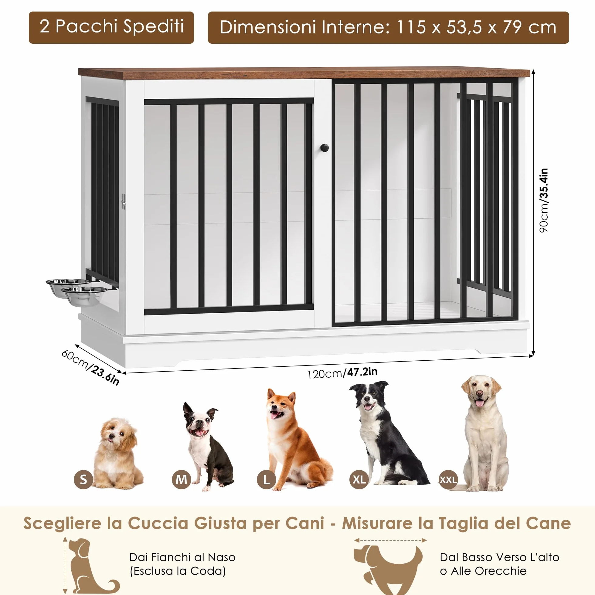 FirFurd 120 cm Gabbia per Cani, Kennel Cane Grande con Porta Scorrevole, con 2 Ciotole che Ruotano di 360°, Cane Kennel in Metallo e Legno, 120x60x90cm (Bianco+Marrone)