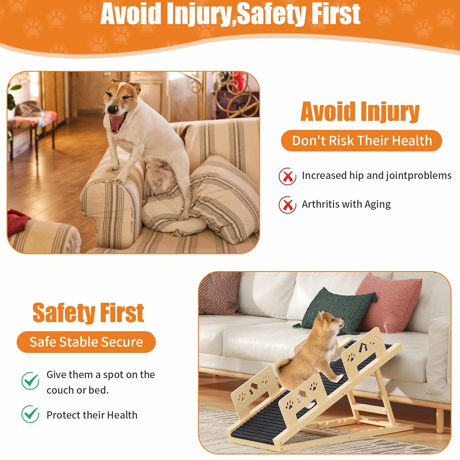 Rampa per cani con ringhiera di sicurezza, in legno, per letto, divano, auto, altezza regolabile 35-58 cm, con tappetino antiscivolo, rampa per cani fino a 60 kg