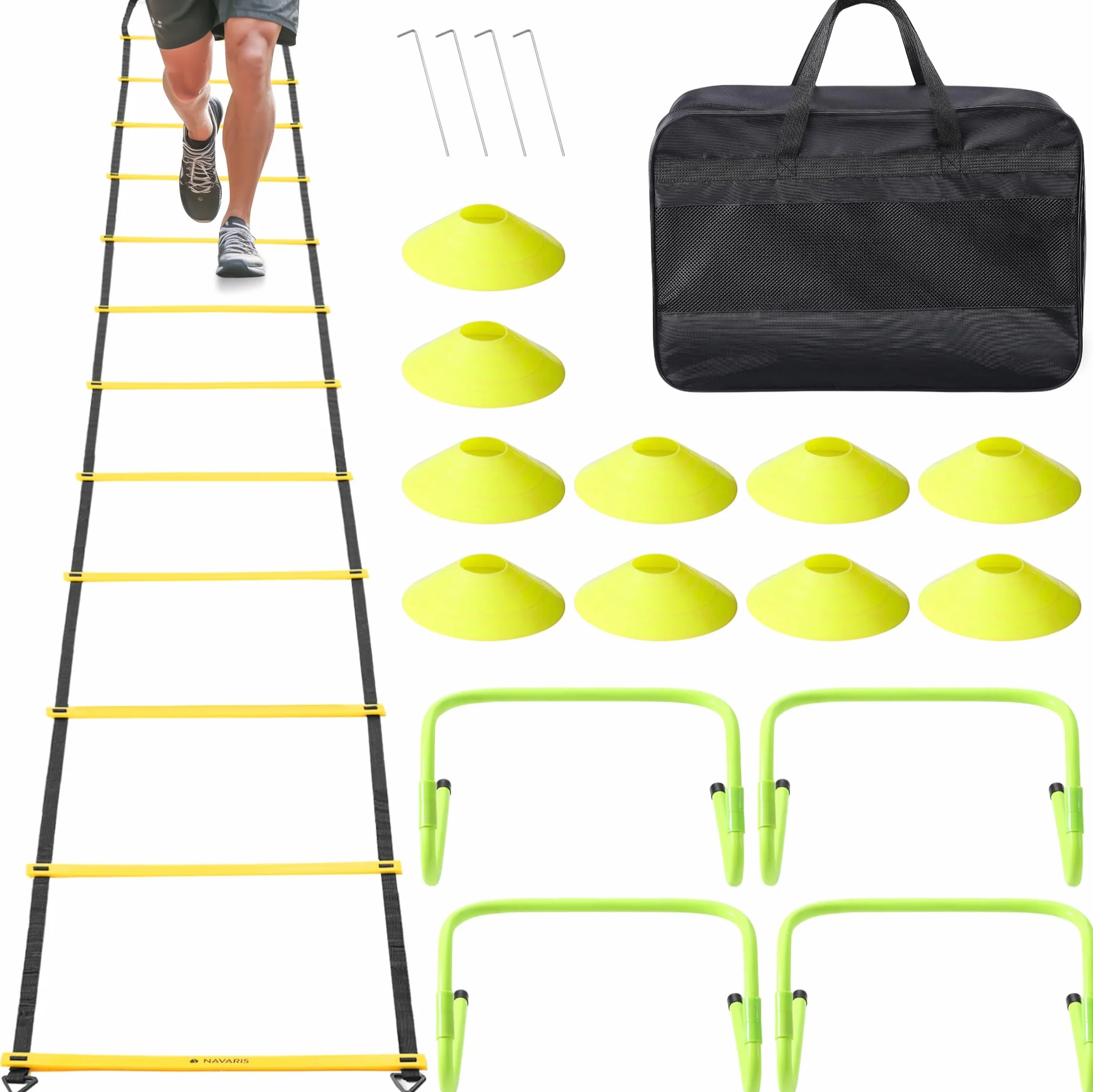 Navaris Set Allenamento e Agilità - Scaletta 12 Gradini 6 m - 4 Ostacoli Allenamento Calcio Atletica - 4 Coni Sportivi - 4 Paletti - Borsa Trasporto - Giallo