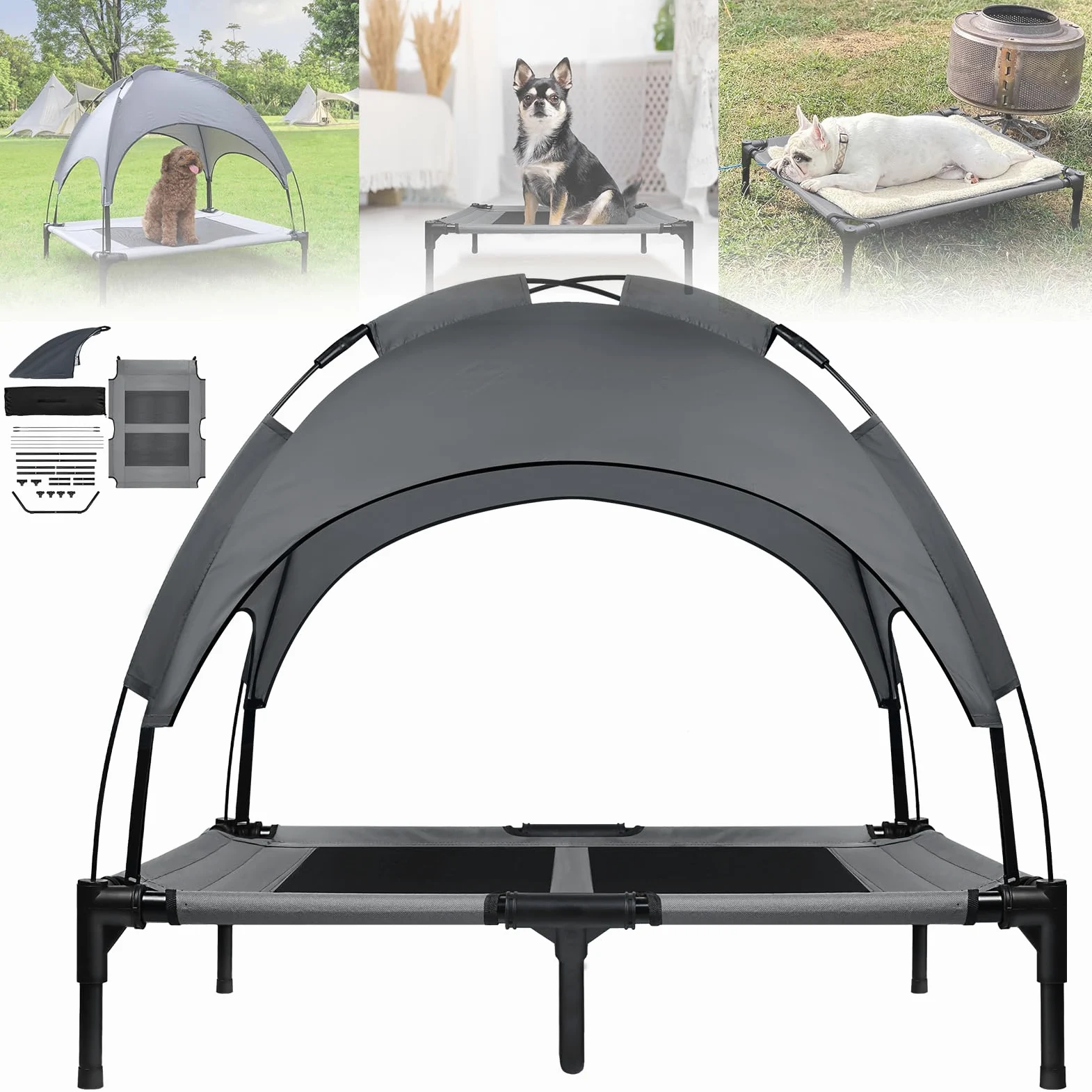 ACXIN Cuccia per cani con baldacchino, lettino per cani e gatti, per esterni, con tessuto rialzato, traspirante e taffetà fino a 50 kg (L, 92 x 76 x 92 cm)