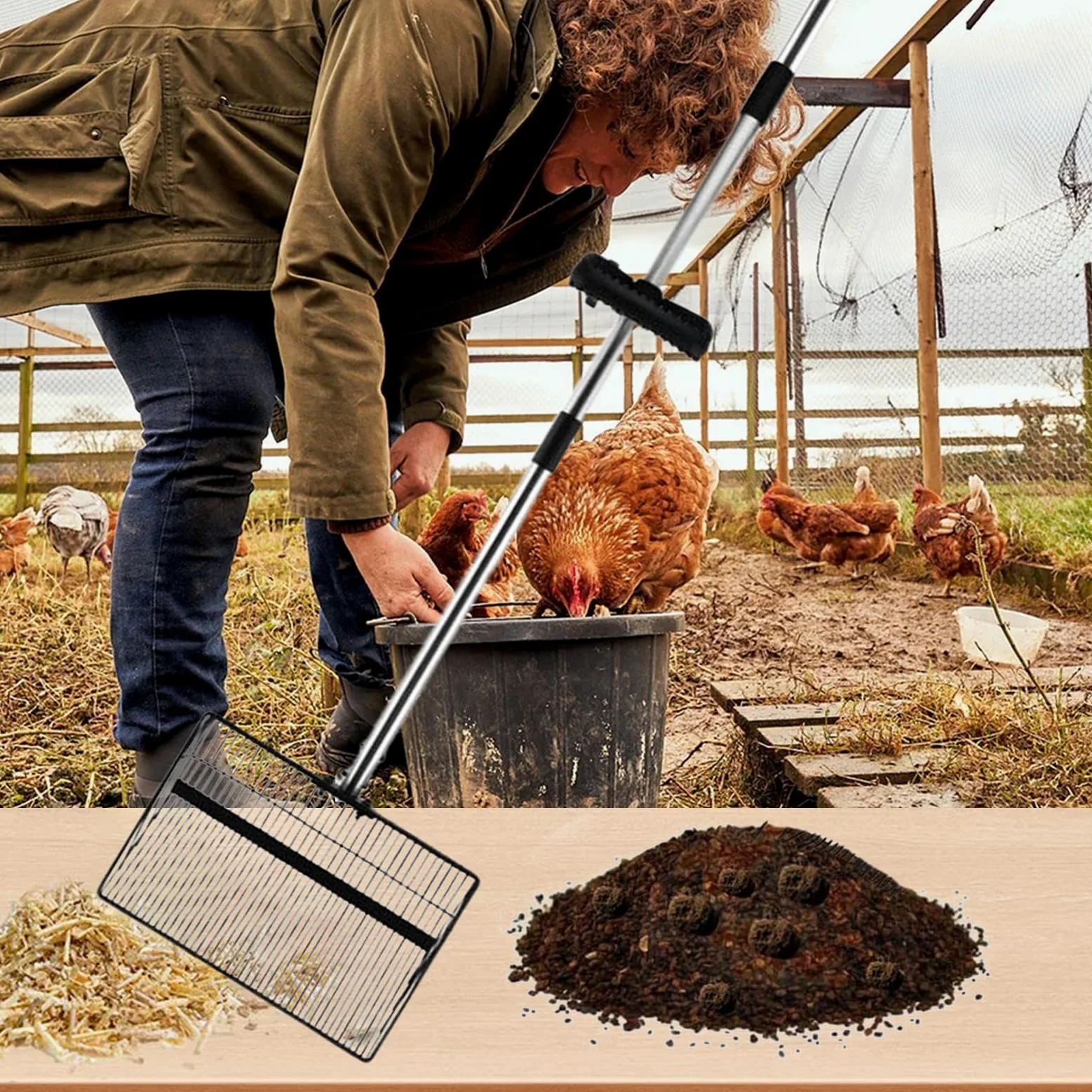 Generisch da stalla – colino per lettiera per gatti con lungo – pala in acciaio con inserto rimovibile per colino per fattoria, casa, all'aperto, gattini animali domestici