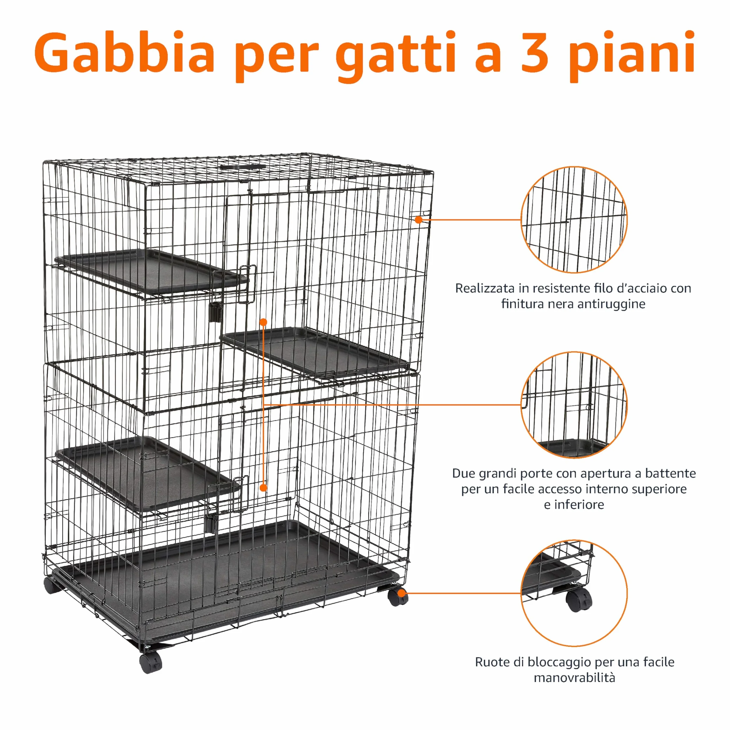 Amazon Basics Gabbia grande per gatti, con 3 ripiani, Pieghevole, Sicuro, Nero, L 91 x P 57 x H 129 cm