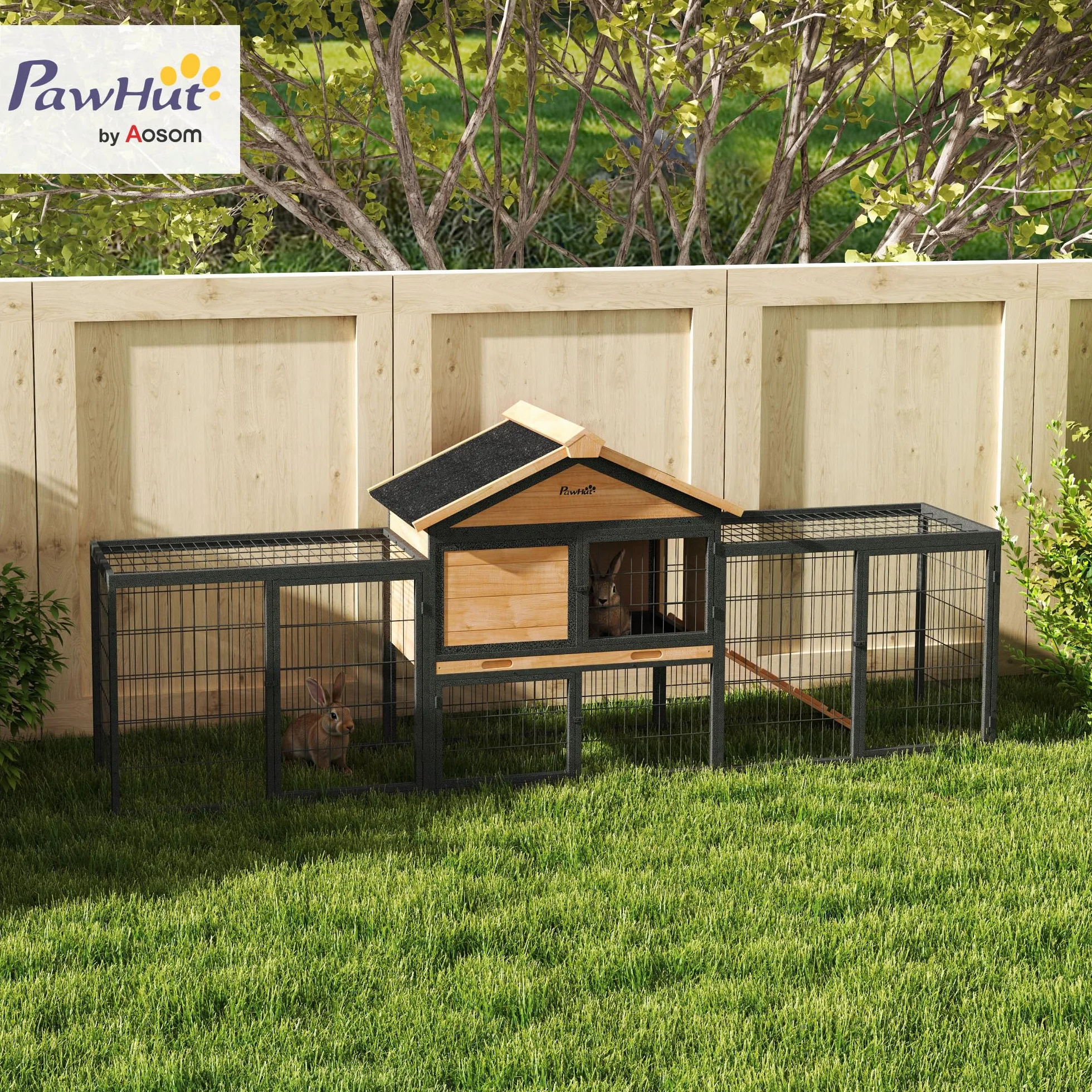 PawHut conigliera a 2 livelli con tetto a capanna in legno massiccio conigliera invernale a doppio piano con recinto per animali liberi 217x53x86 cm gabbia per conigli all'aperto conigliera per