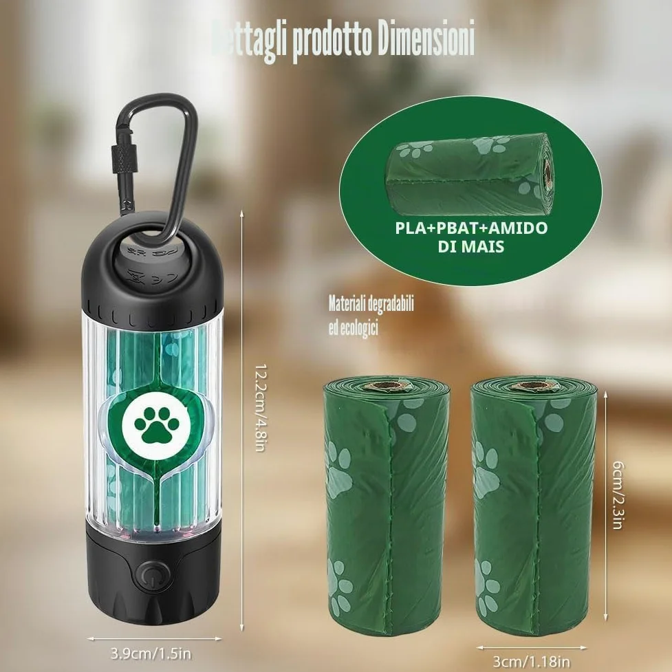 2025, dispenser di sacchetti per escrementi con torcia, IPX 6, impermeabile, con 7 colori, luce notturna USB-C ricaricabile, raccoglitore di escrementi per cani, dotato di sacchetti della spazzatura