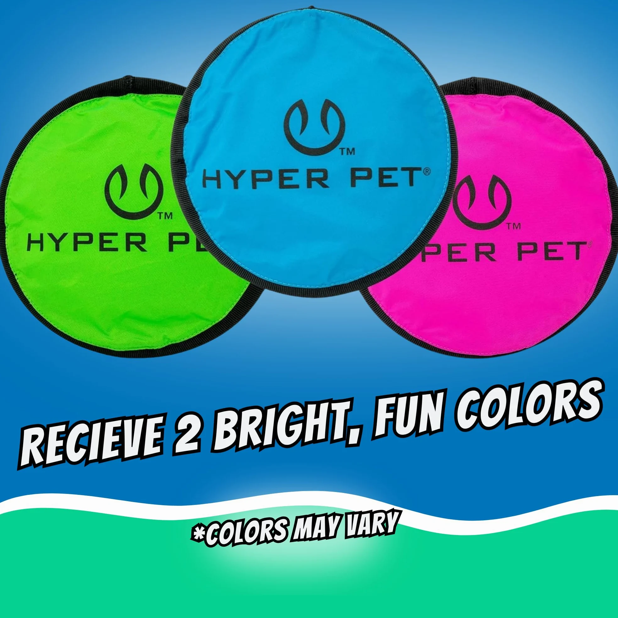 Hyper Pet, Flippy Flopper, Frisbee per cane, giocattolo per animali, galleggia in acqua ed è sicuro sui denti, confezione da 2, colori variabili