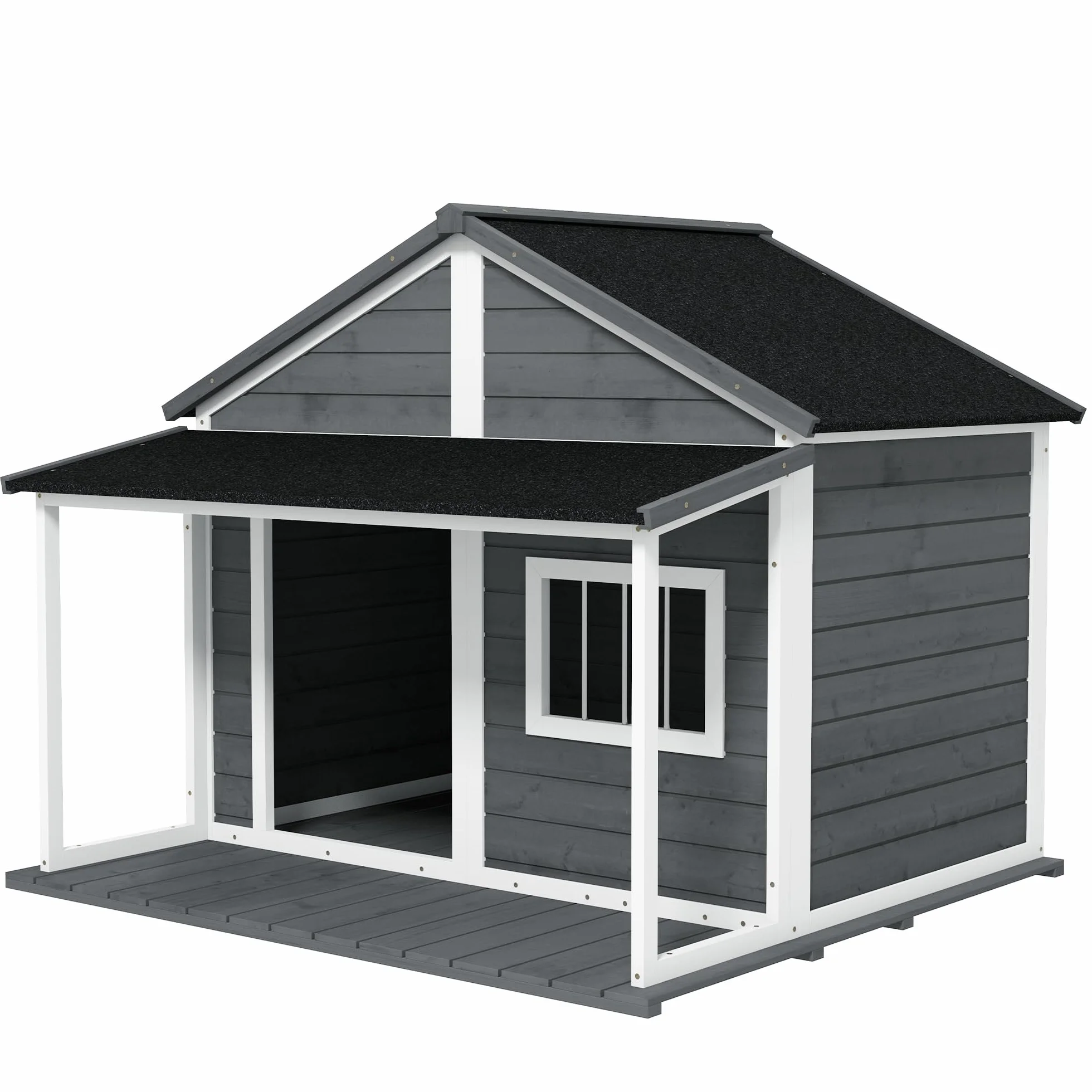 PawHut Cuccia per Cani da Esterno con Tetto in Bitume Impermeabile, Casetta per Cani in Legno Massello con Finestra e Terrazza, 124x112x105cm, Grigio