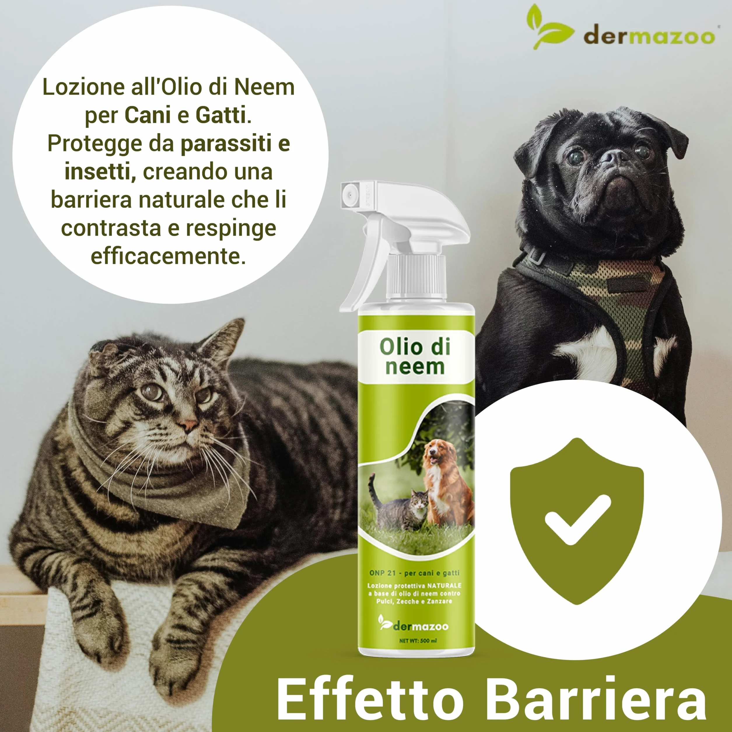 Olio di Neem per Cani Gatti e Cavalli 500 ml, Spray Antiparassitario Naturale per Cani, Olio di Neem per Animali Domestici, Spray Repellente, Antizanzare Cane e Gatto, Made in Italy