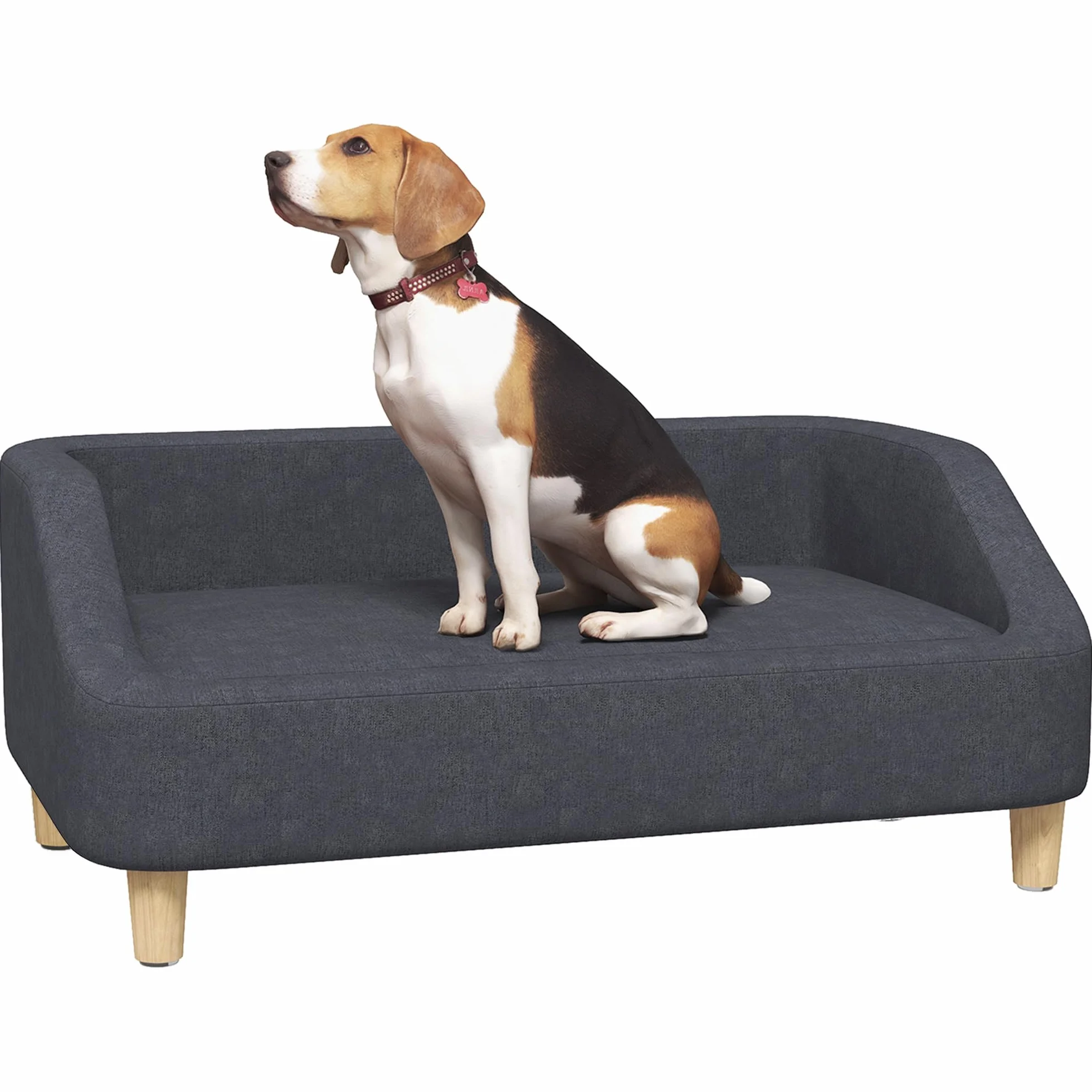 PawHut Divano per cani di taglia media e grande, con design rialzato, poltrona per cani con gambe in legno, grigio scuro, 95 x 63 x 39 cm