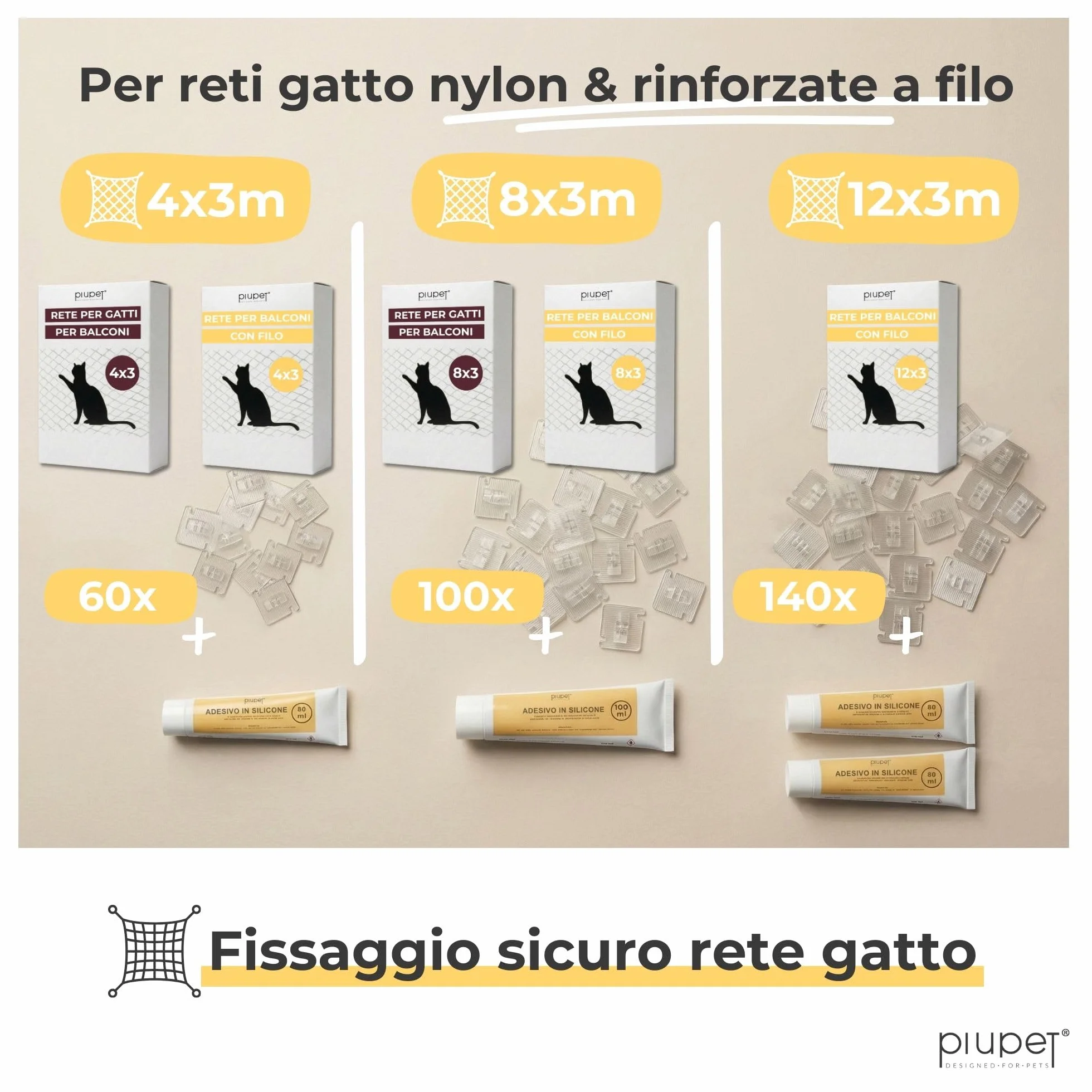 PiuPet® Ganci Adesivi per Rete per Gatti Senza forare | Fissaggio Rete Gatto per Balcone e Finestra | Ganci Trasparenti con Colla Silicone (60 Ganci + 80 ml di Colla)